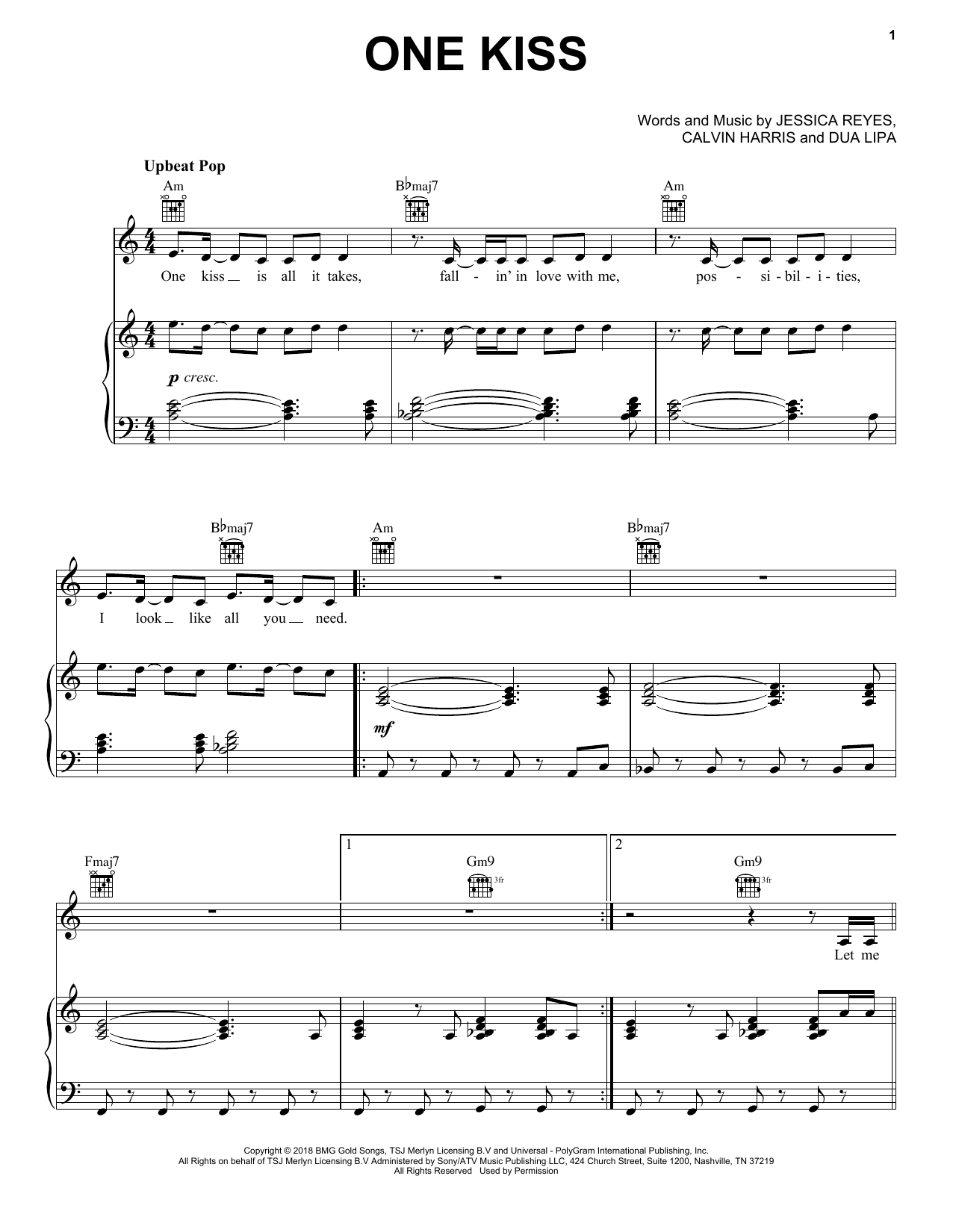 Calvin Harris & Dua Lipa One Kiss sheet music notes and chords arranged for Piano, Vocal & Guitar Chords (Right-Hand Melody)