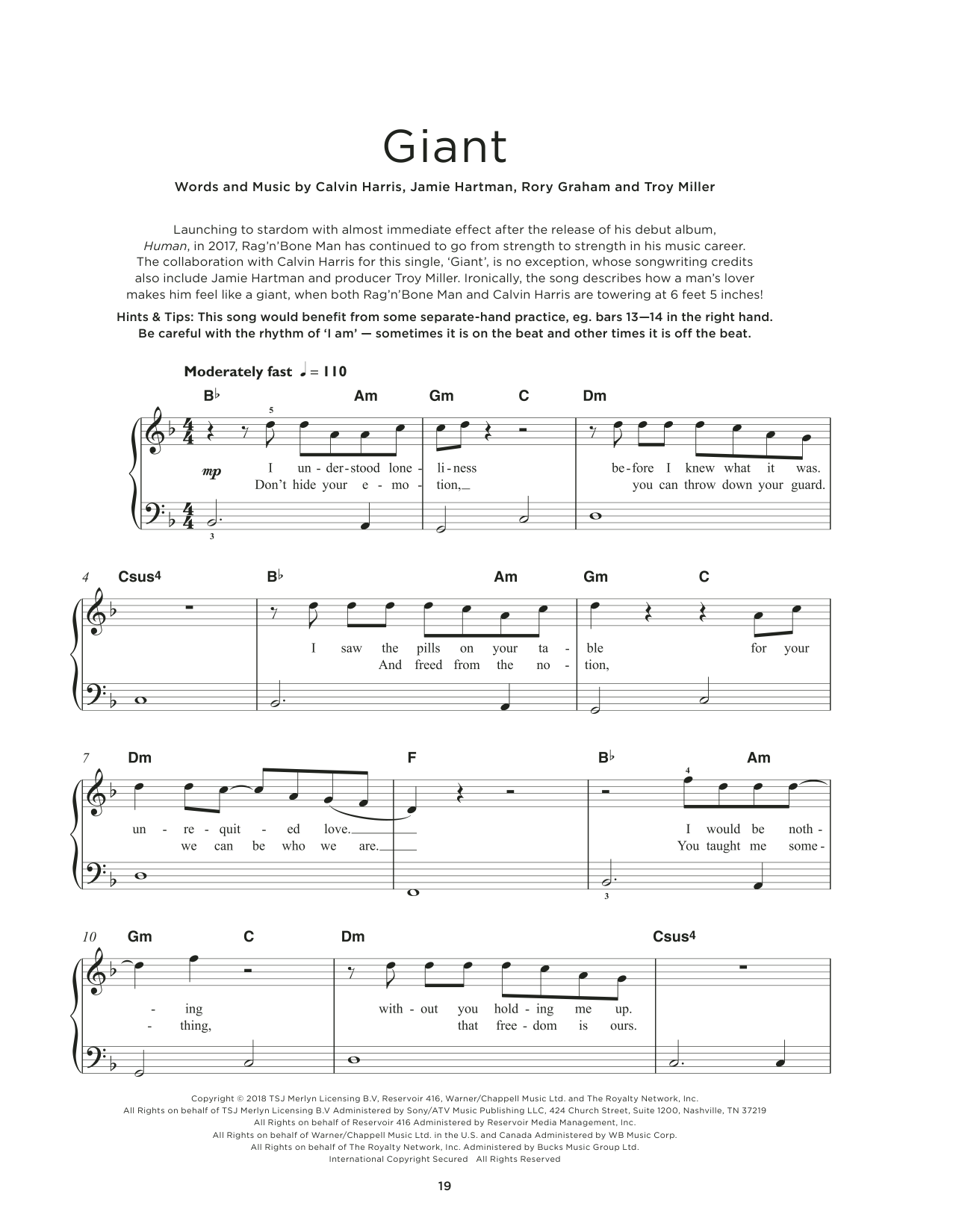 Calvin Harris & Rag 'n' Bone Man Giant sheet music notes and chords arranged for Really Easy Piano