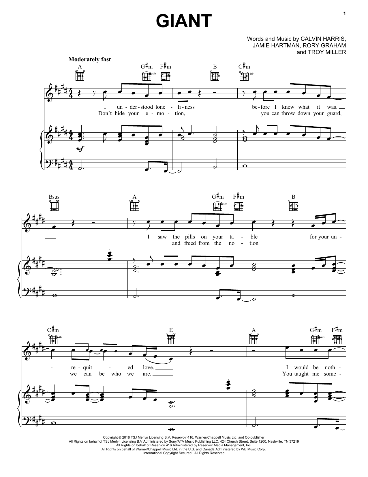 Calvin Harris & Rag'n'Bone Man Giant sheet music notes and chords arranged for Piano, Vocal & Guitar Chords (Right-Hand Melody)