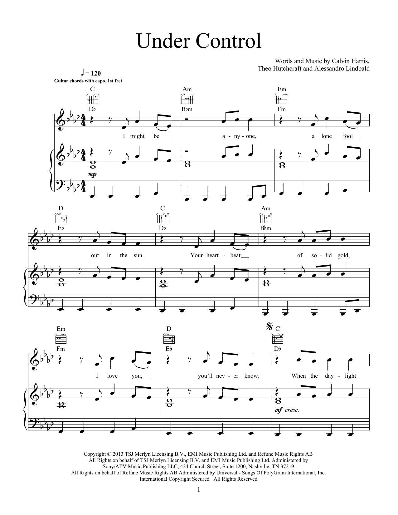 Calvin Harris and Alesso Under Control (feat. Hurts) sheet music notes and chords arranged for Piano, Vocal & Guitar Chords (Right-Hand Melody)