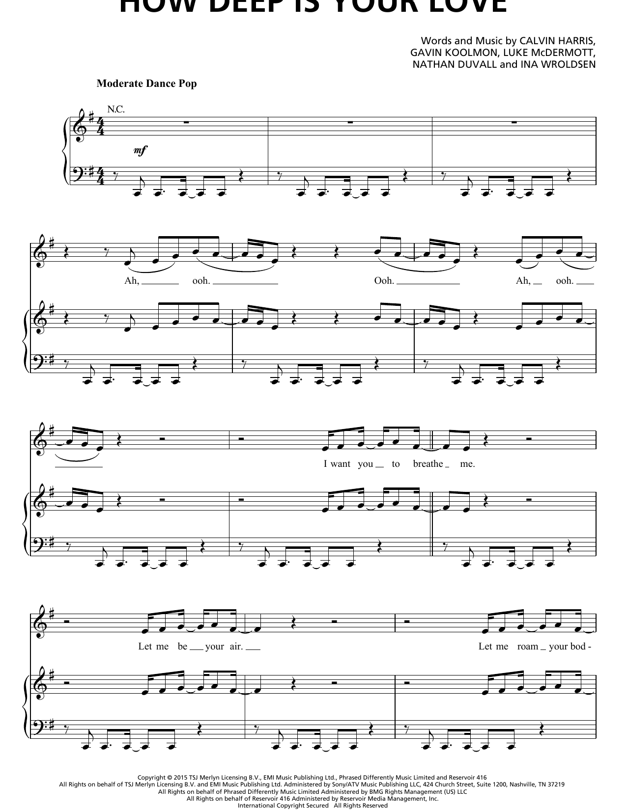Calvin Harris and Disciples How Deep Is Your Love sheet music notes and chords arranged for Piano, Vocal & Guitar Chords (Right-Hand Melody)