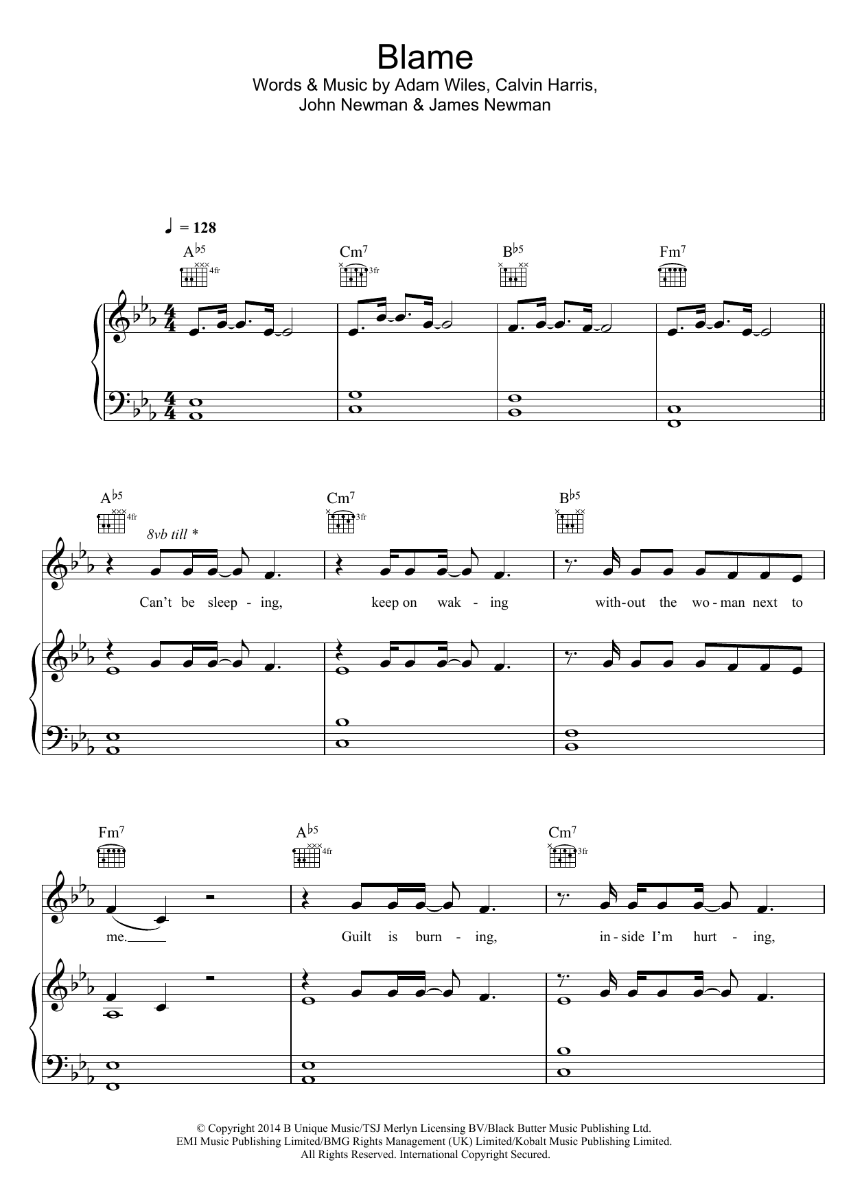 Calvin Harris Blame (feat. John Newman) sheet music notes and chords arranged for Piano, Vocal & Guitar Chords (Right-Hand Melody)