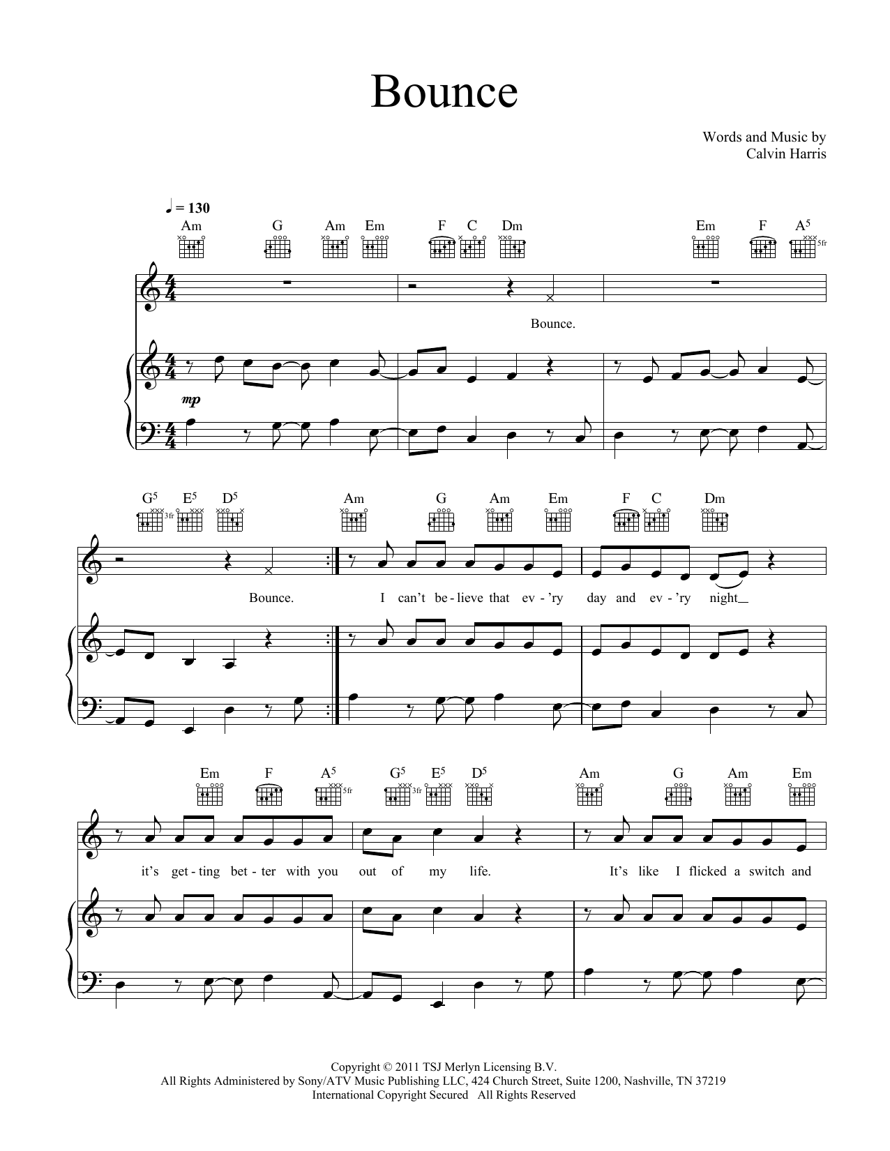 Calvin Harris Bounce (feat. Kelis) sheet music notes and chords arranged for Piano, Vocal & Guitar Chords (Right-Hand Melody)