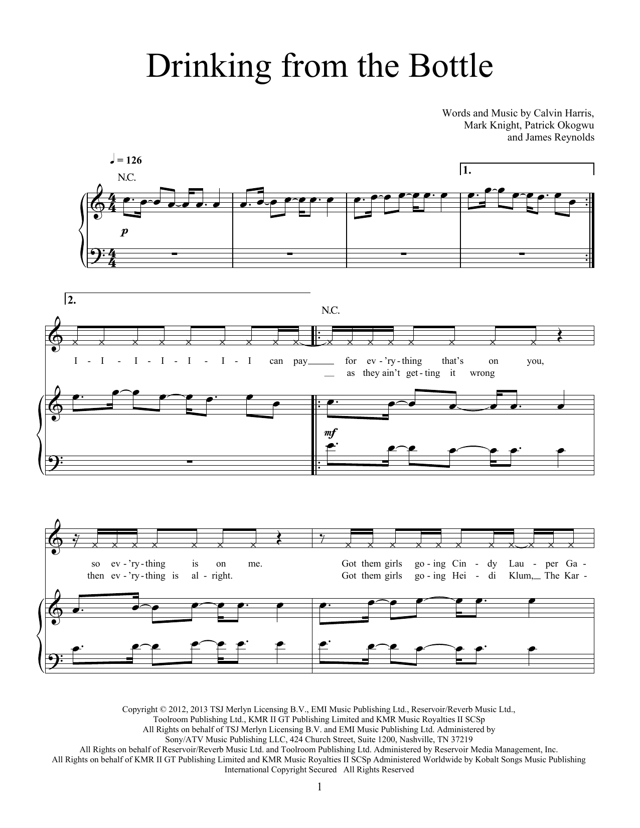 Calvin Harris Drinking From The Bottle (feat. Tinie Tempah) sheet music notes and chords arranged for Piano, Vocal & Guitar Chords (Right-Hand Melody)
