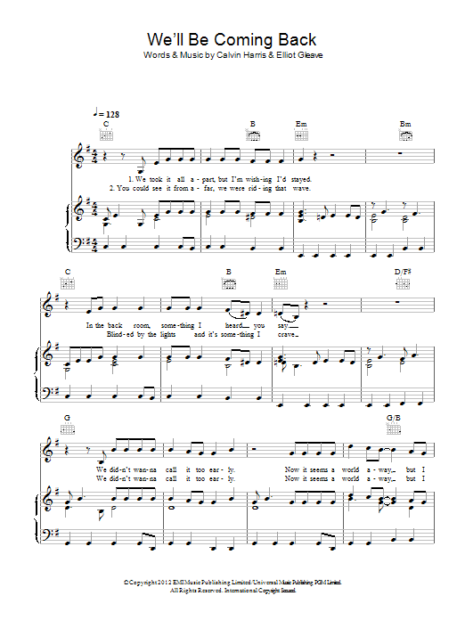 Calvin Harris featuring Example We'll Be Coming Back sheet music notes and chords arranged for Piano, Vocal & Guitar Chords