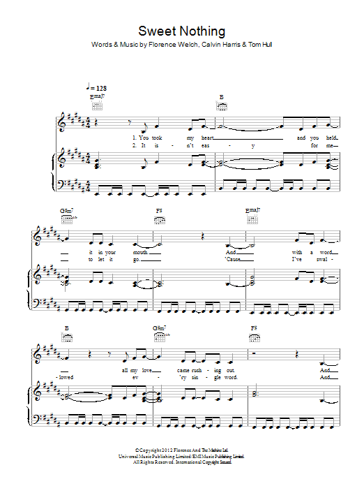 Calvin Harris Featuring Florence Welch Sweet Nothing sheet music notes and chords arranged for Piano, Vocal & Guitar Chords