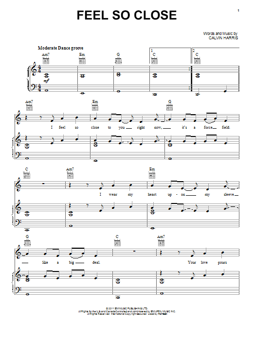 Calvin Harris Feel So Close sheet music notes and chords arranged for Piano, Vocal & Guitar Chords