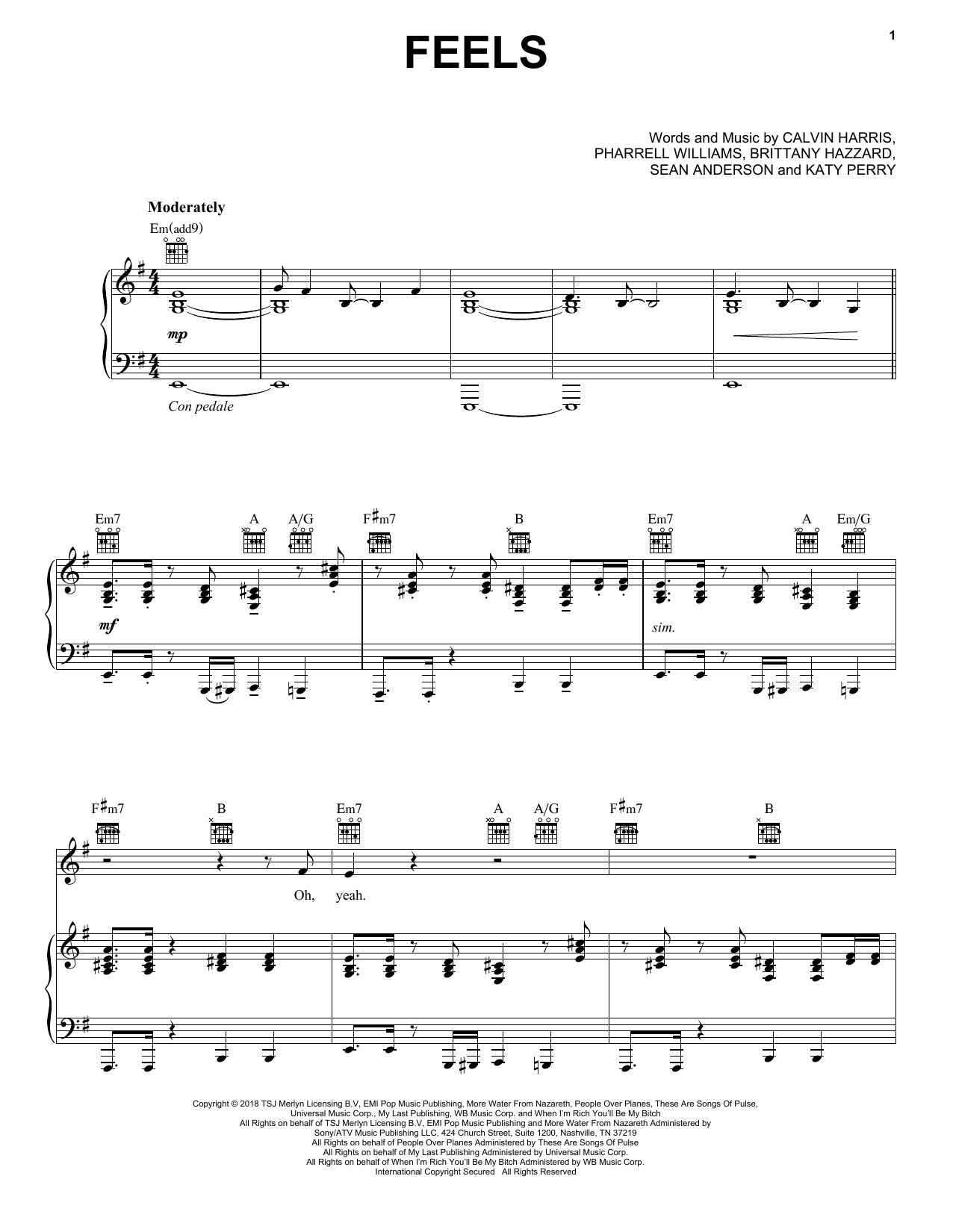 Calvin Harris Feels (feat. Pharrell Williams, Katy Perry & Big Sean) sheet music notes and chords arranged for Piano, Vocal & Guitar Chords (Right-Hand Melody)