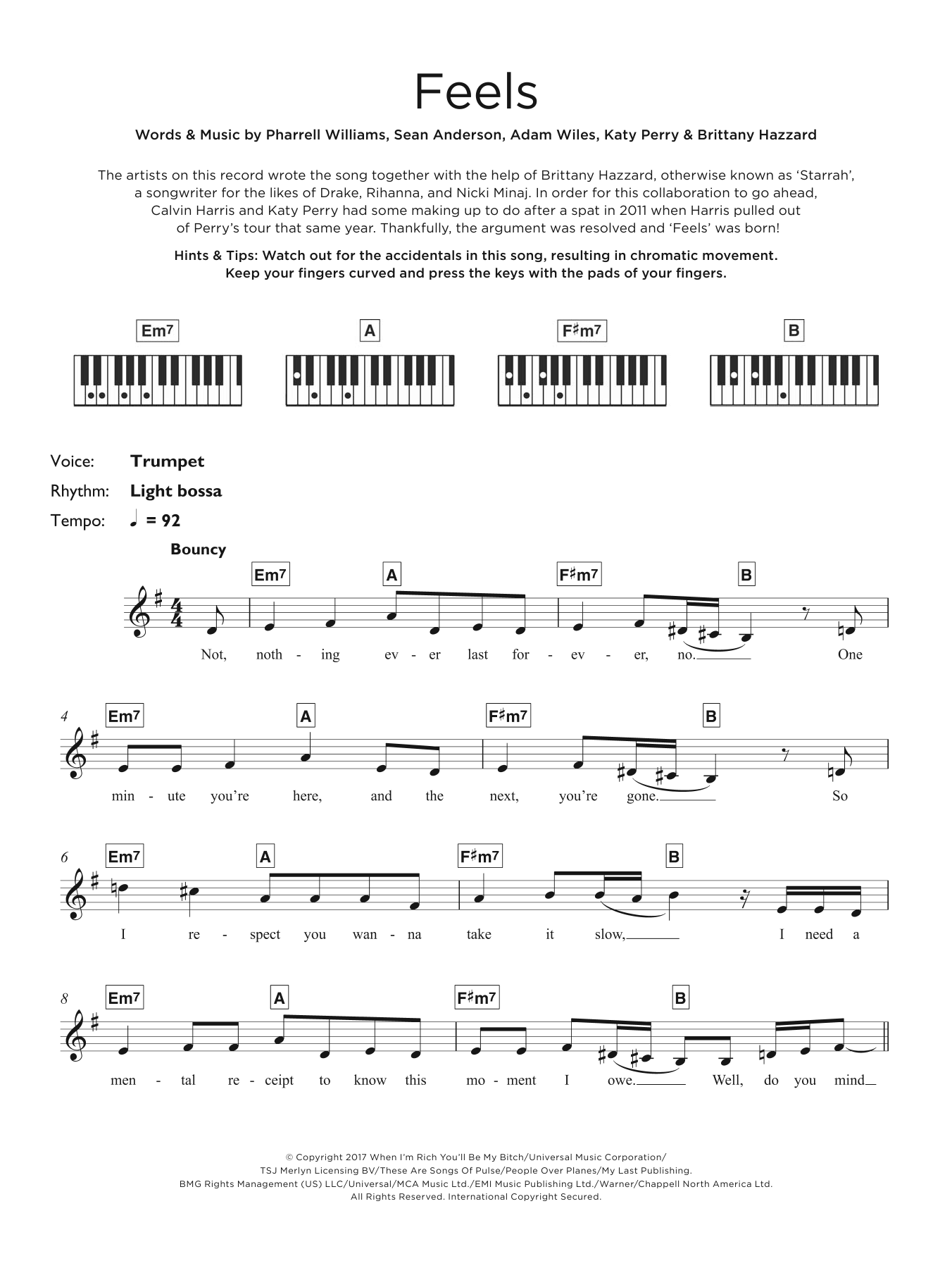Calvin Harris Feels (featuring Pharrell Williams, Katy Perry and Big Sean) sheet music notes and chords arranged for Piano, Vocal & Guitar Chords