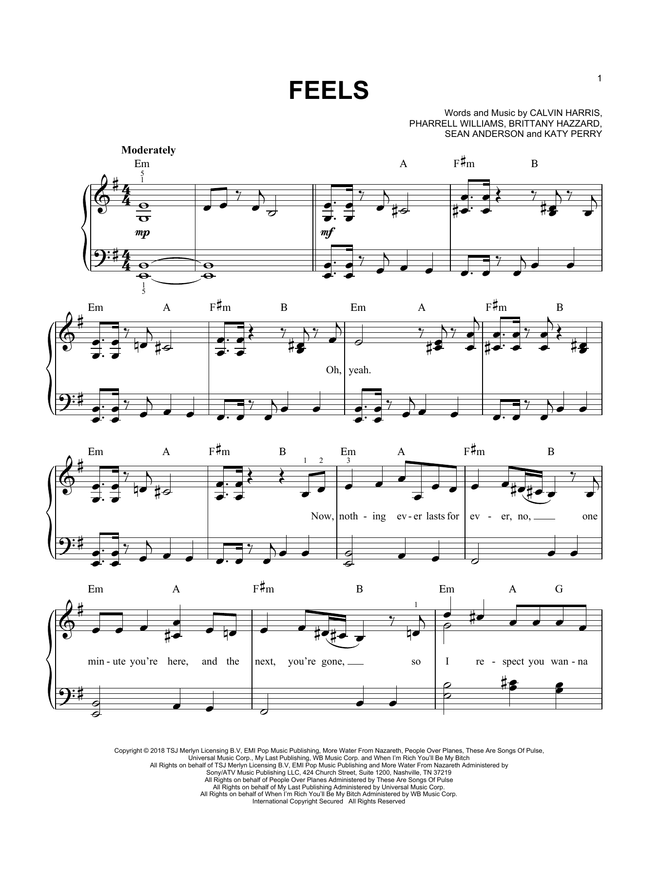 Calvin Harris Feels (feat. Pharrell Williams, Katy Perry & Big Sean) sheet music notes and chords arranged for Easy Piano