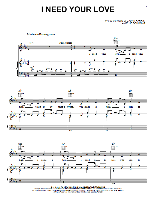 Calvin Harris I Need Your Love sheet music notes and chords arranged for Piano, Vocal & Guitar Chords (Right-Hand Melody)