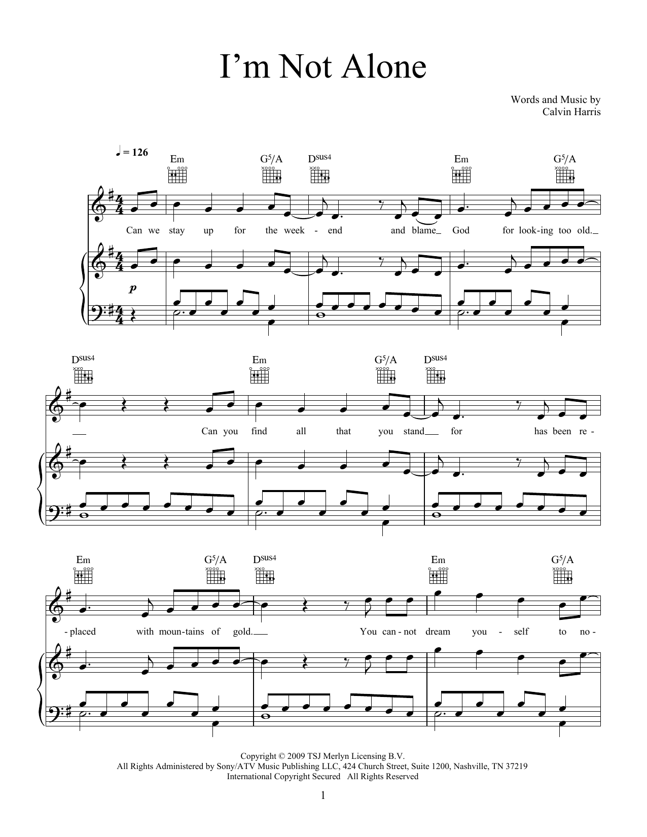 Calvin Harris I'm Not Alone sheet music notes and chords arranged for Piano, Vocal & Guitar Chords (Right-Hand Melody)
