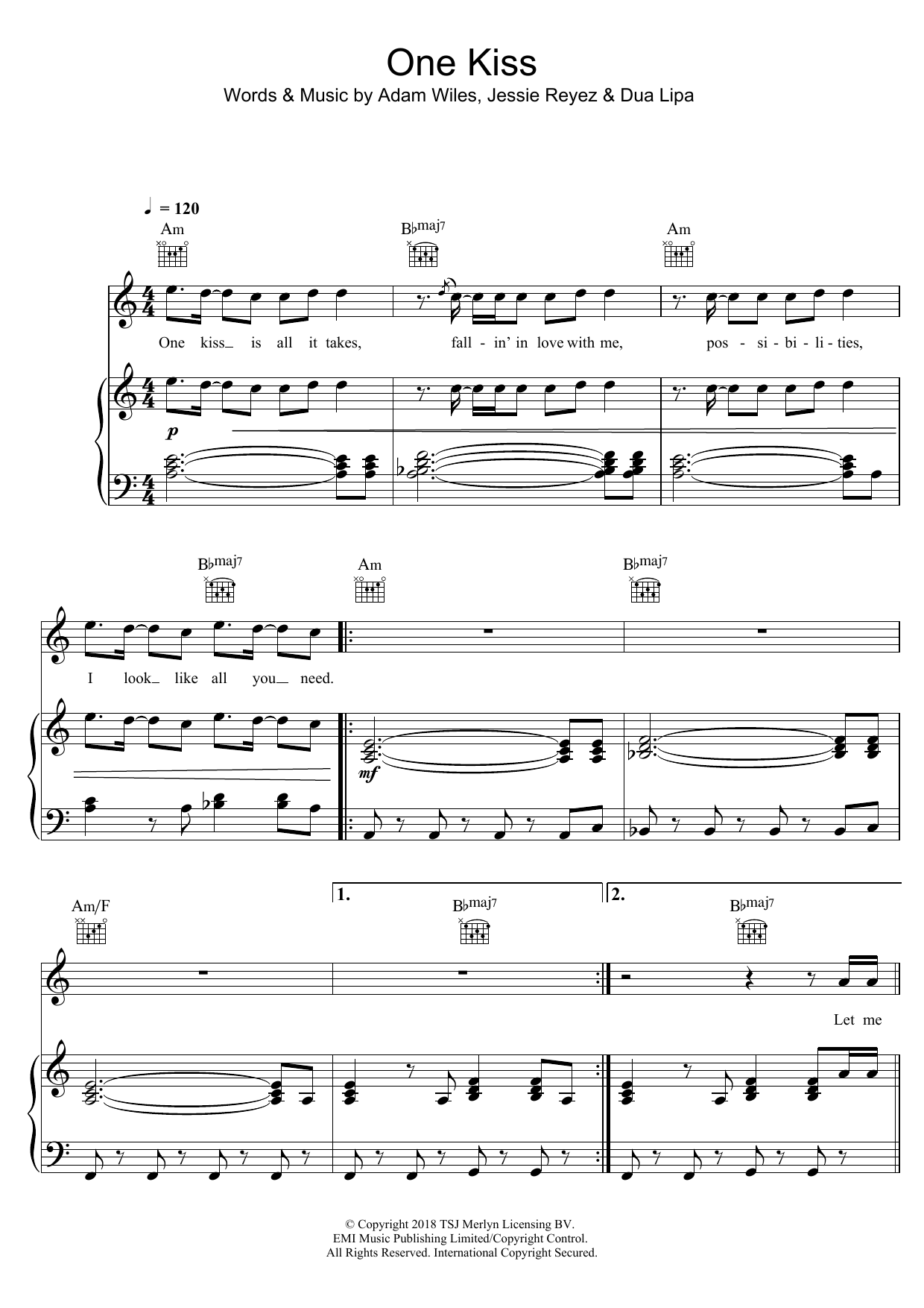 Calvin Harris One Kiss sheet music notes and chords arranged for Piano, Vocal & Guitar Chords