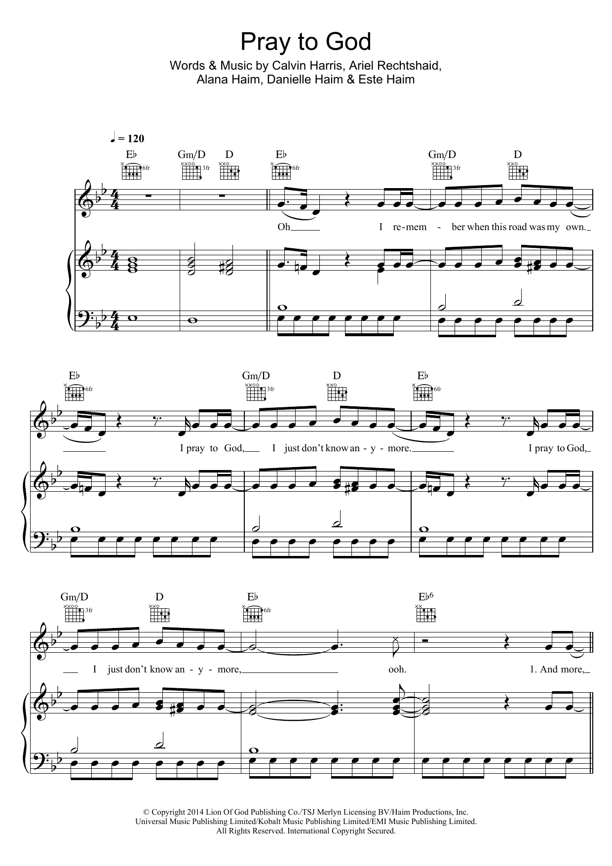 Calvin Harris Pray To God (featuring Haim) sheet music notes and chords arranged for Piano, Vocal & Guitar Chords