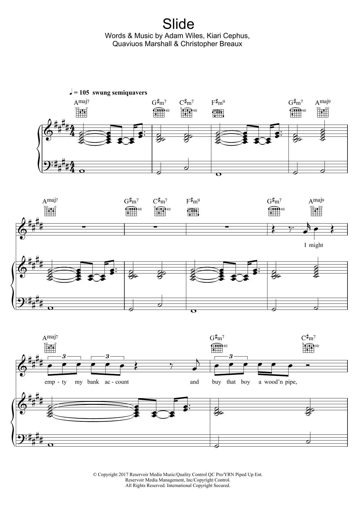 Calvin Harris Slide (featuring Frank Ocean and Migos) sheet music notes and chords arranged for Piano, Vocal & Guitar Chords