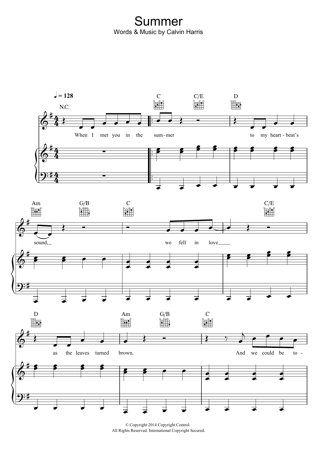 Calvin Harris Summer sheet music notes and chords arranged for Easy Piano