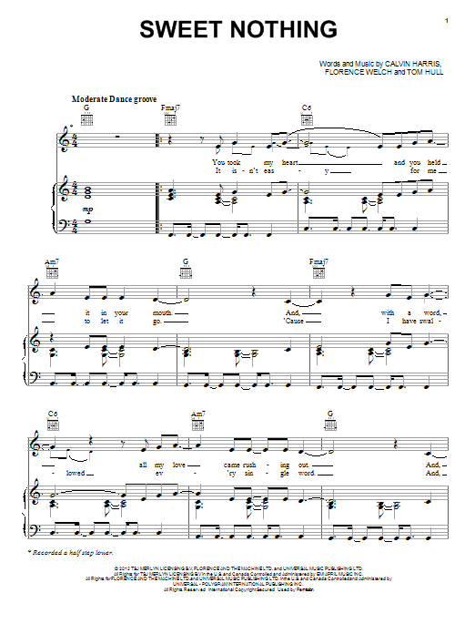 Calvin Harris Sweet Nothing sheet music notes and chords arranged for Piano, Vocal & Guitar Chords (Right-Hand Melody)