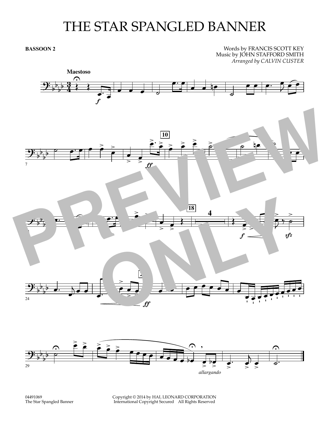Calvin Custer The Star Spangled Banner - Bassoon 2 sheet music notes and chords arranged for Full Orchestra