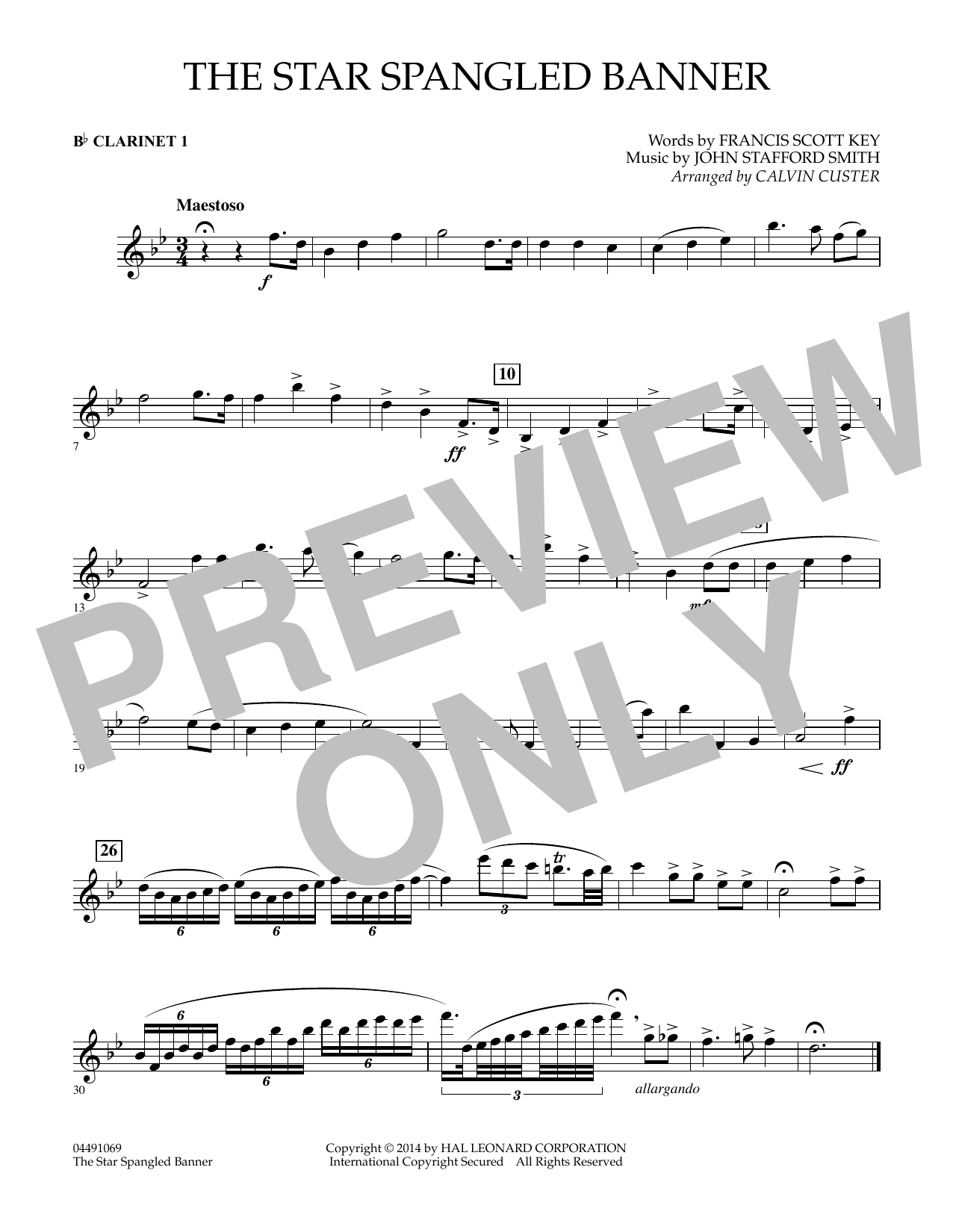 Calvin Custer The Star Spangled Banner - Bb Clarinet 1 sheet music notes and chords arranged for Full Orchestra
