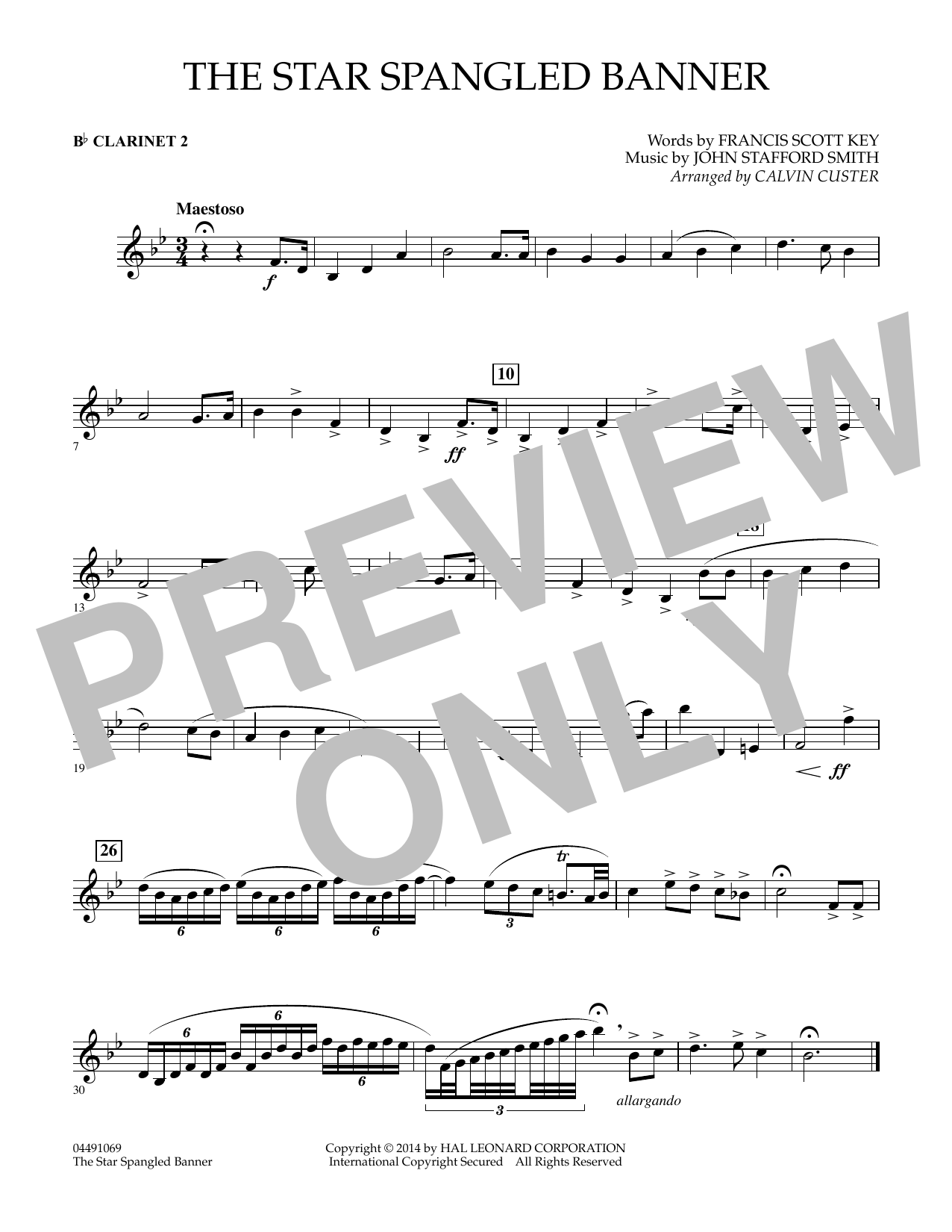 Calvin Custer The Star Spangled Banner - Bb Clarinet 2 sheet music notes and chords arranged for Full Orchestra