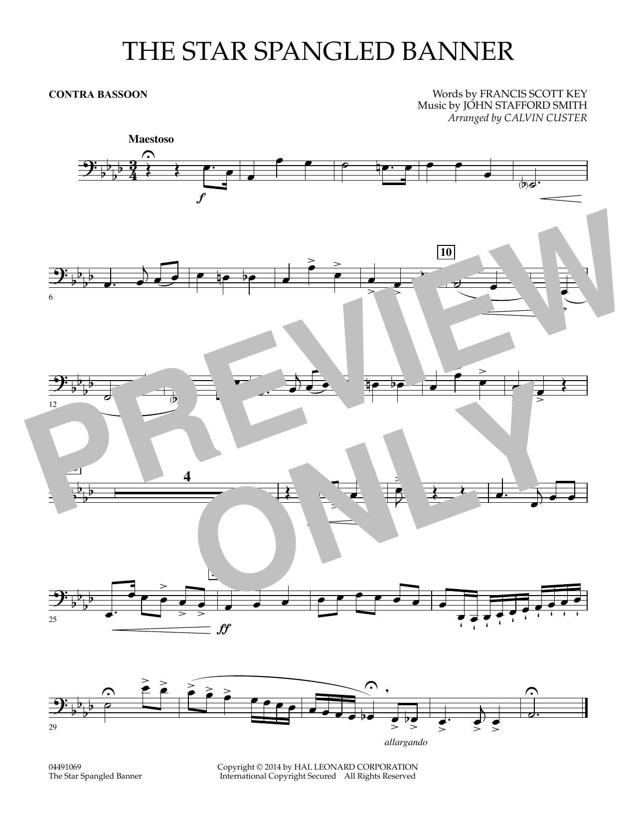 Calvin Custer The Star Spangled Banner - Contra Bassoon sheet music notes and chords arranged for Full Orchestra
