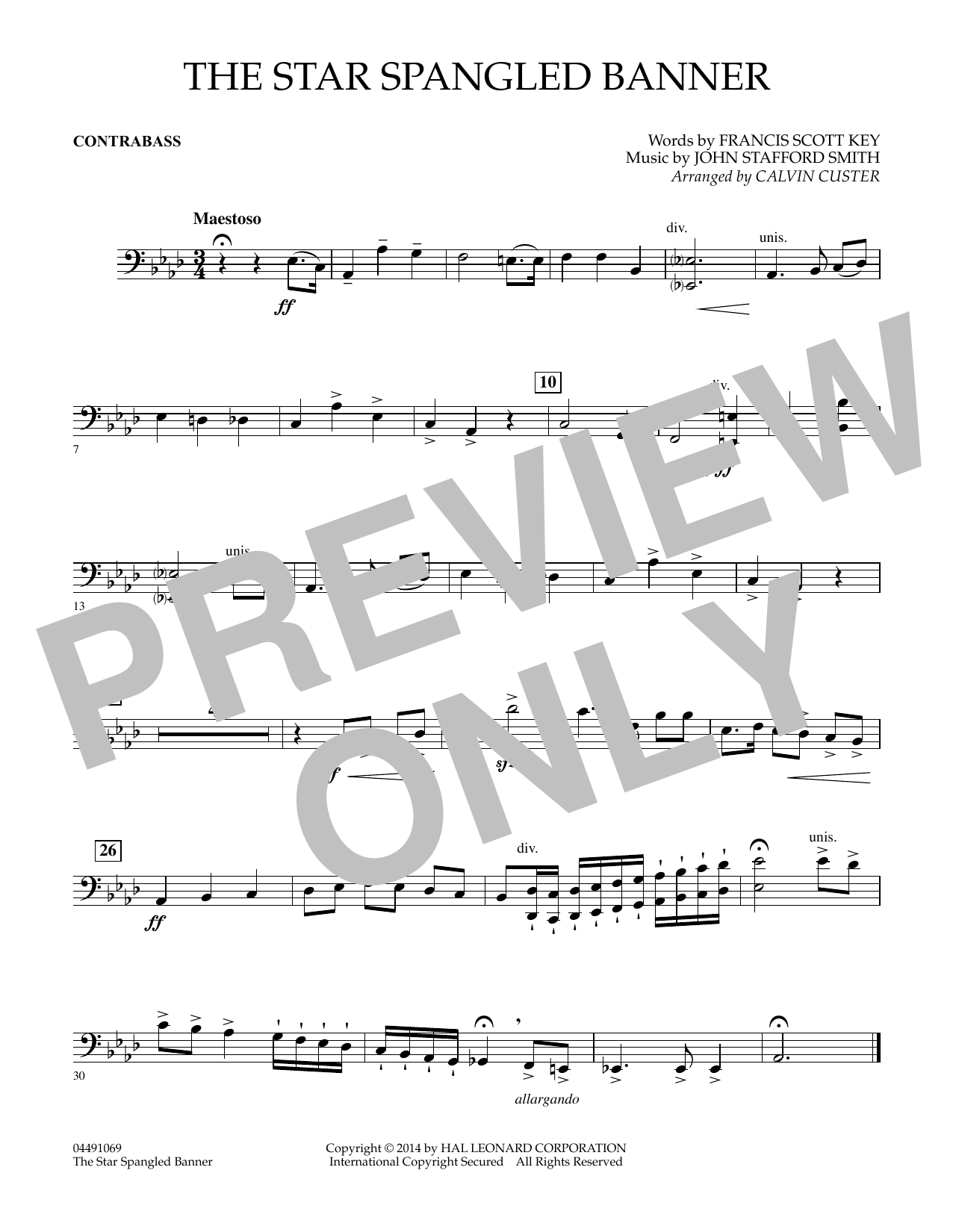 Calvin Custer The Star Spangled Banner - Contrabass sheet music notes and chords arranged for Full Orchestra