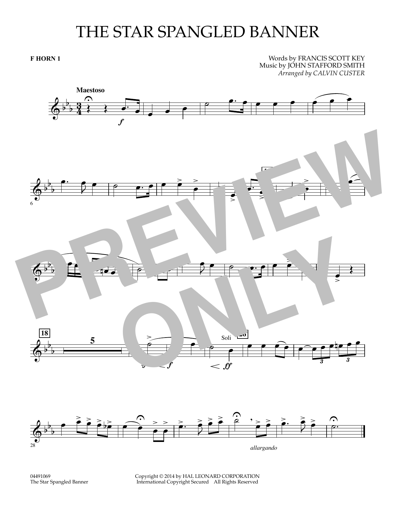 Calvin Custer The Star Spangled Banner - F Horn 1 sheet music notes and chords arranged for Full Orchestra
