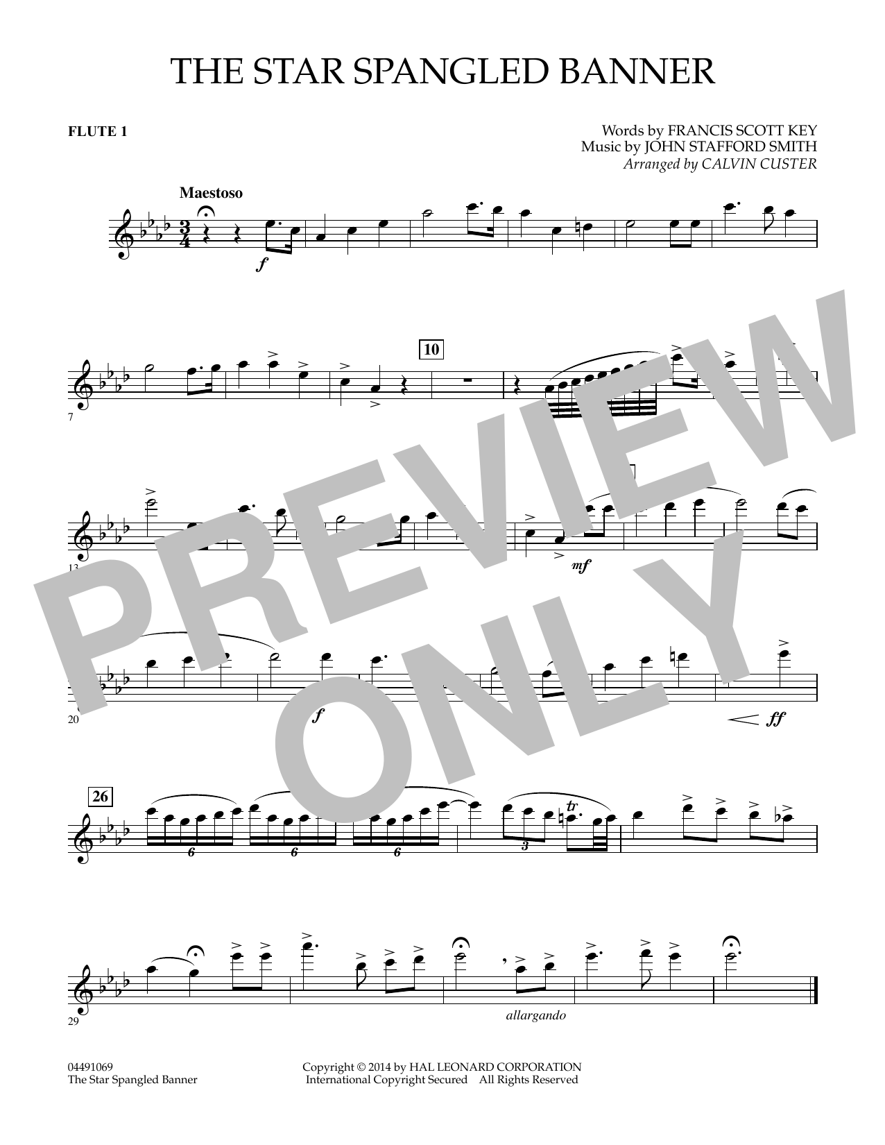 Calvin Custer The Star Spangled Banner - Flute 1 sheet music notes and chords arranged for Full Orchestra