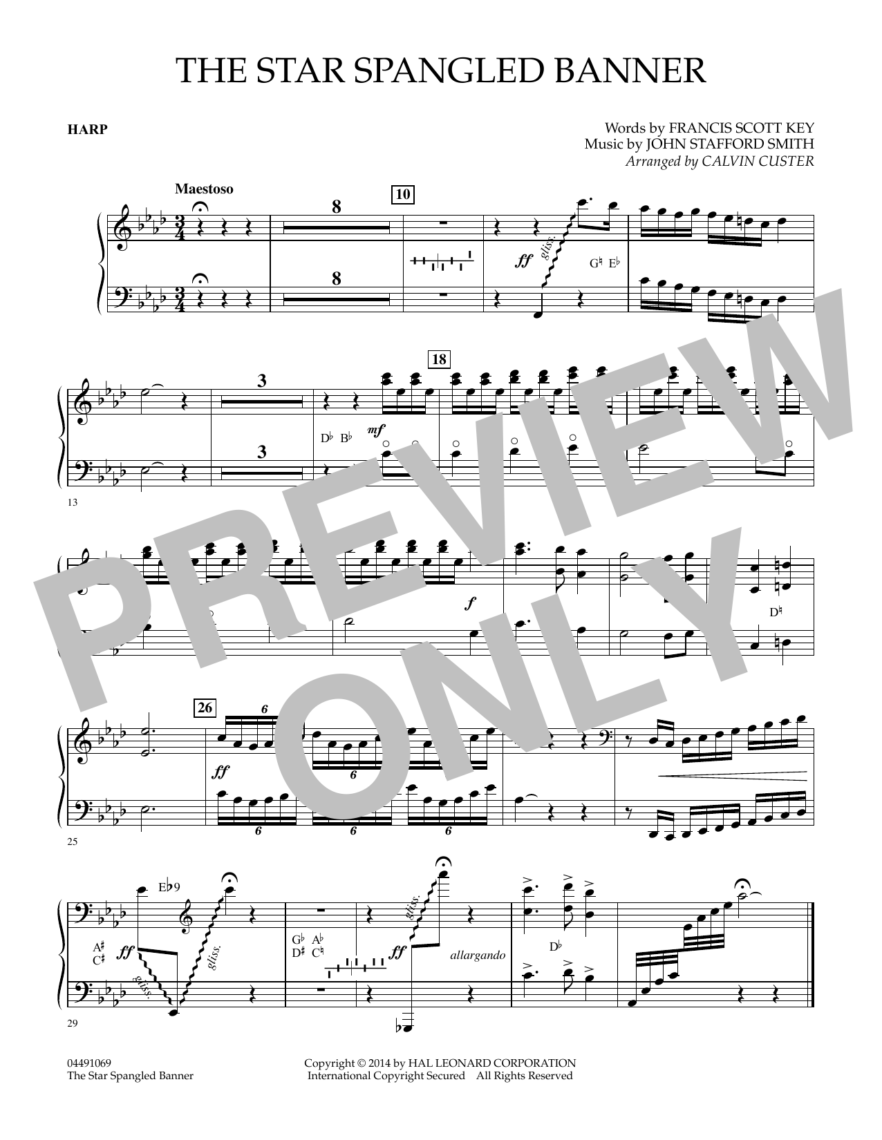 Calvin Custer The Star Spangled Banner - Harp sheet music notes and chords arranged for Full Orchestra