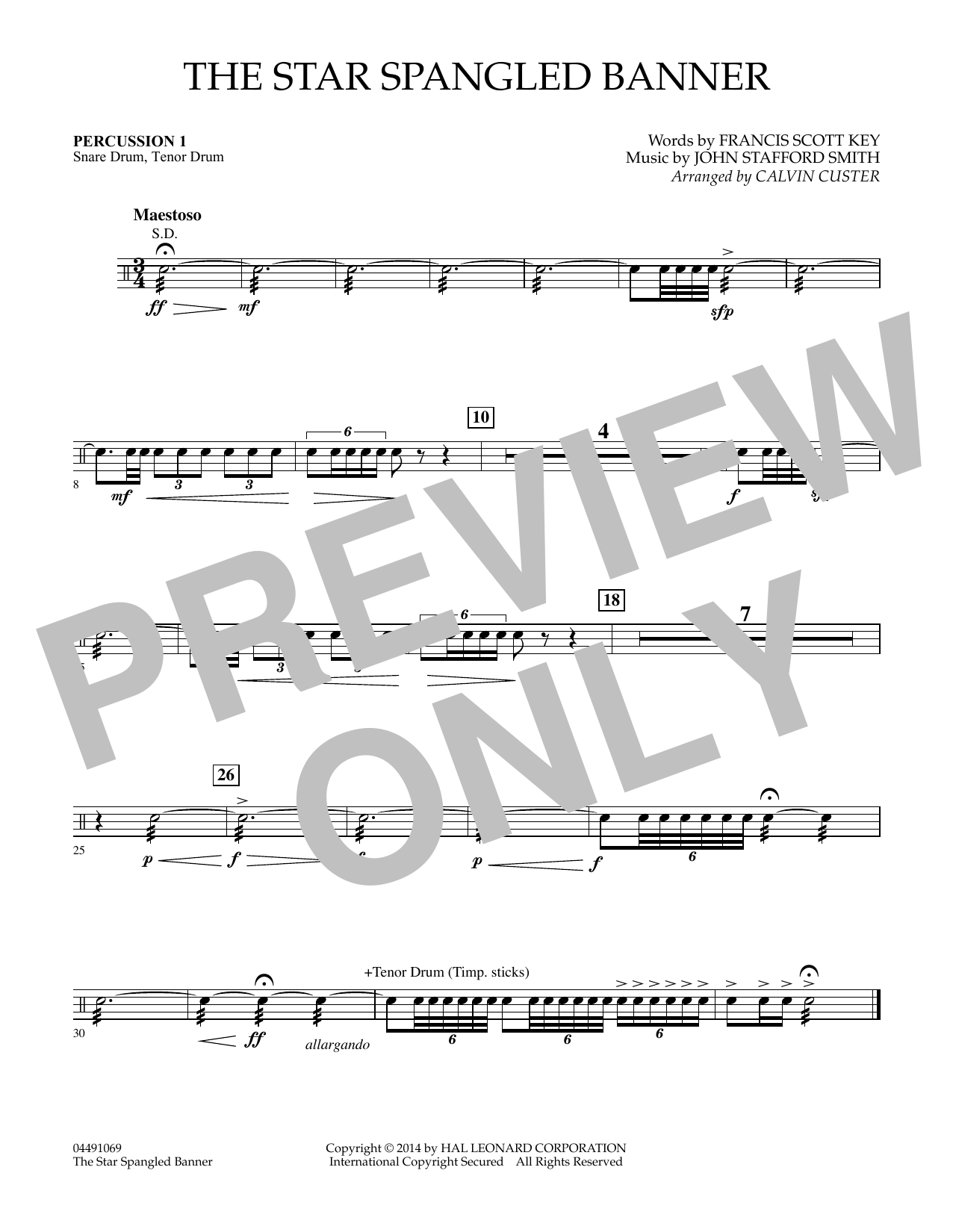 Calvin Custer The Star Spangled Banner - Percussion 1 sheet music notes and chords arranged for Full Orchestra