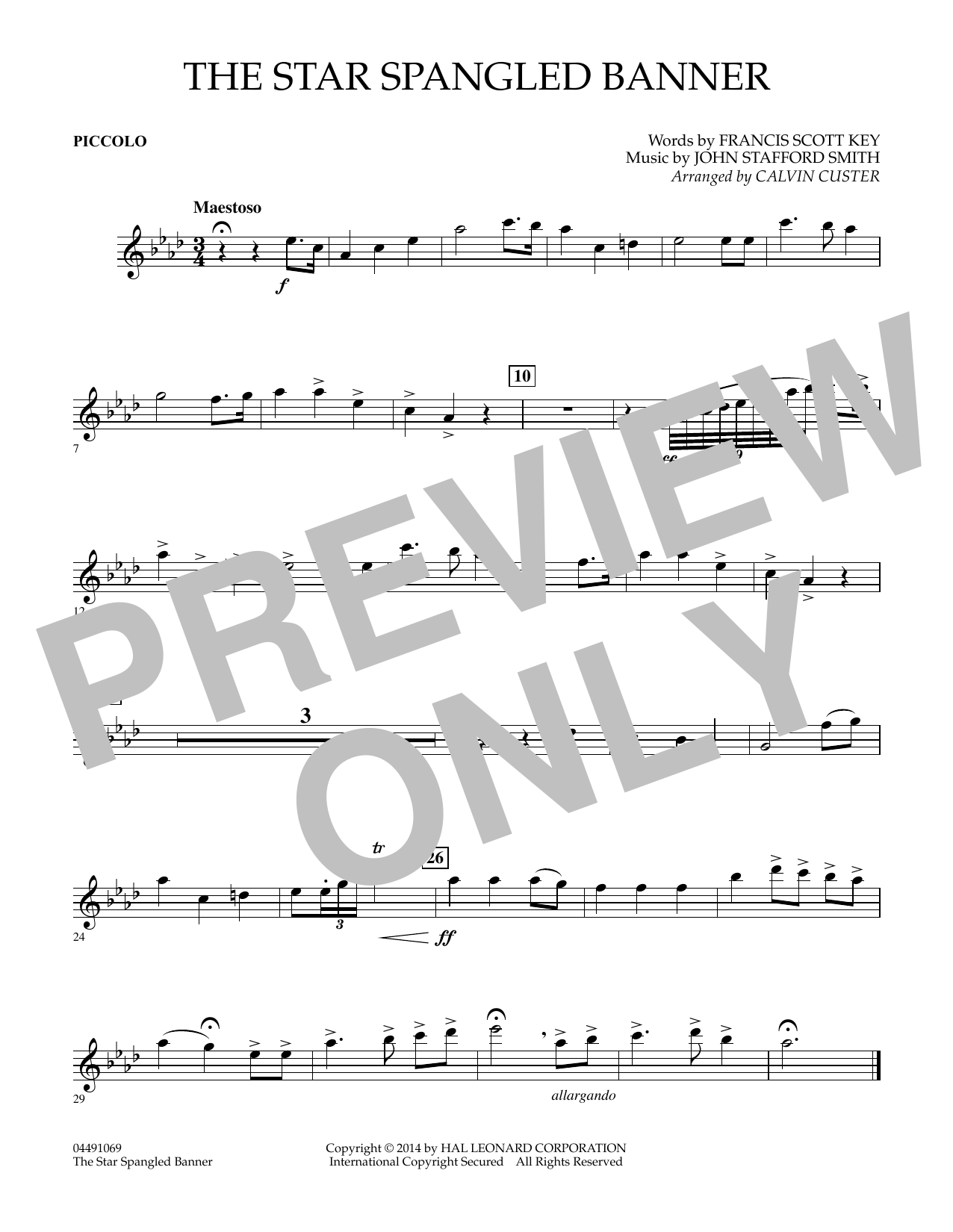 Calvin Custer The Star Spangled Banner - Piccolo sheet music notes and chords arranged for Full Orchestra