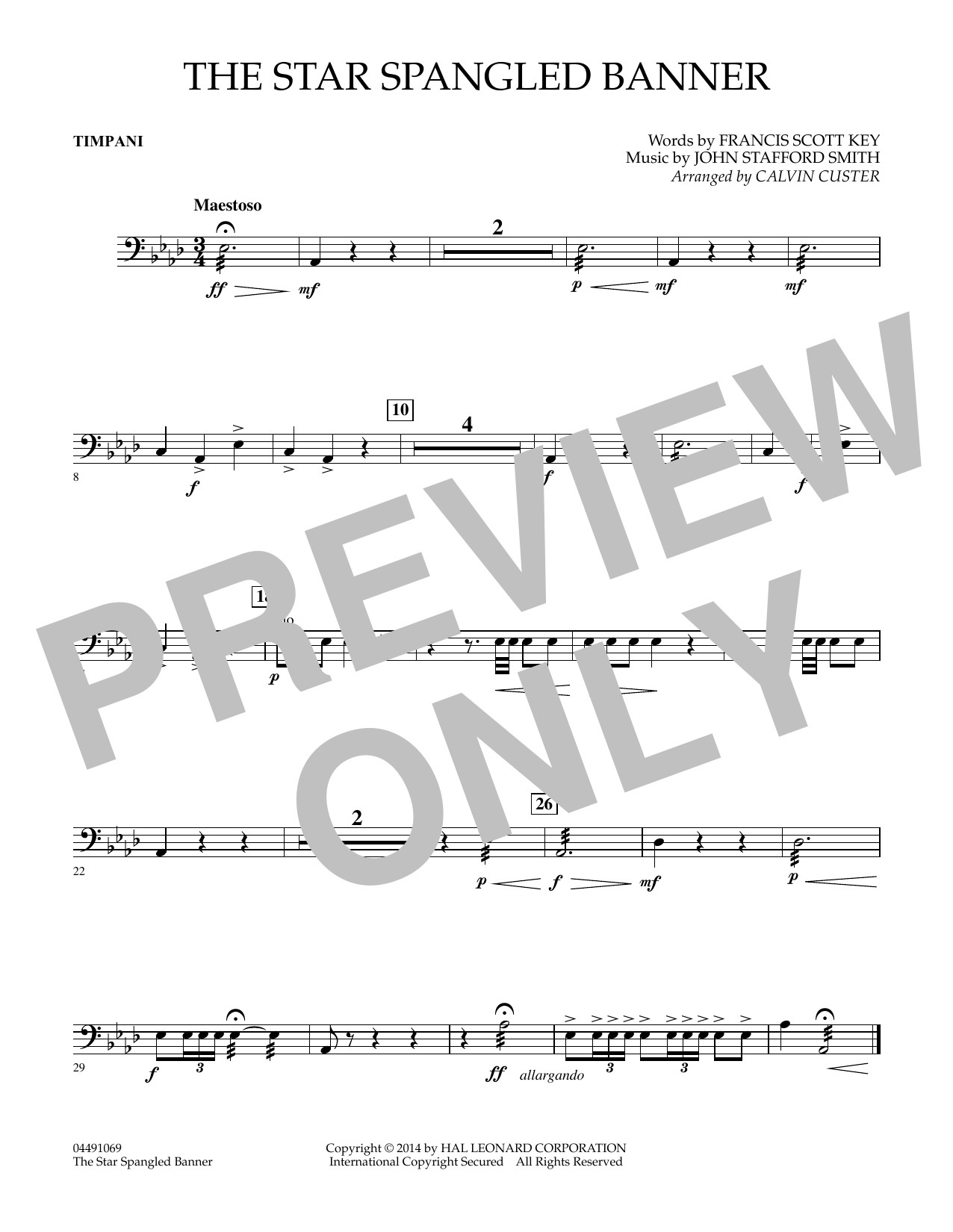 Calvin Custer The Star Spangled Banner - Timpani sheet music notes and chords arranged for Full Orchestra