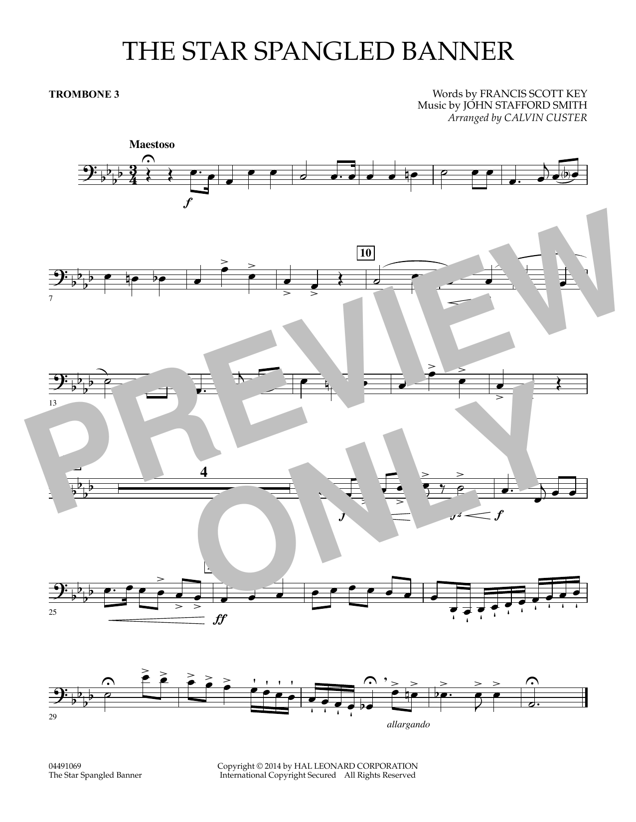 Calvin Custer The Star Spangled Banner - Trombone 3 sheet music notes and chords arranged for Full Orchestra