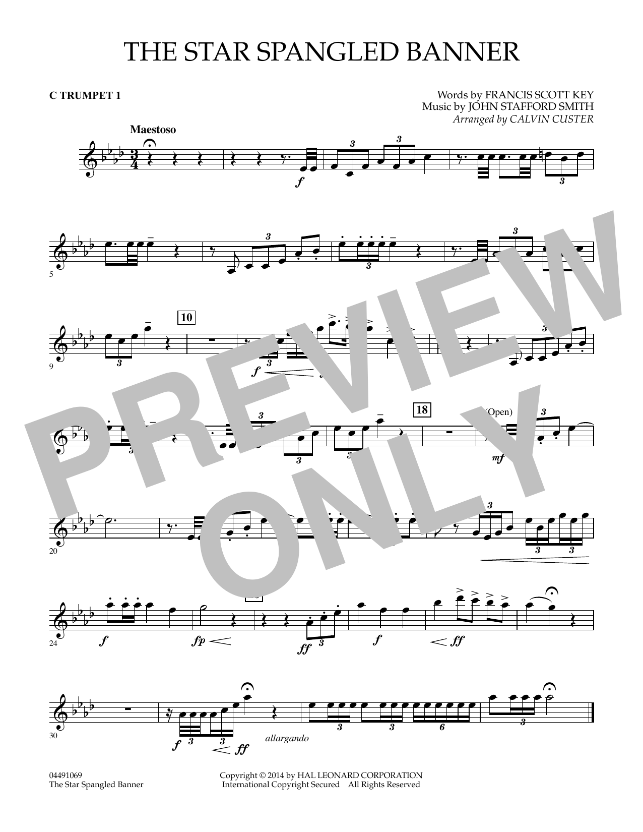 Calvin Custer The Star Spangled Banner - Trumpet 1 in C sheet music notes and chords arranged for Full Orchestra