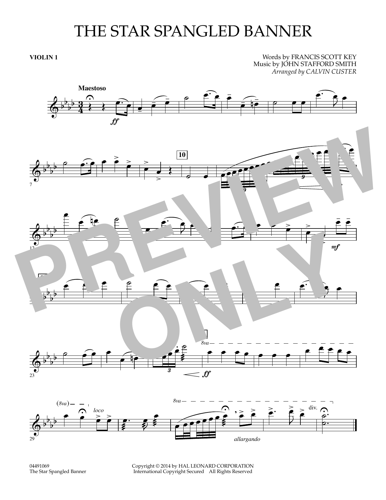 Calvin Custer The Star Spangled Banner - Violin 1 sheet music notes and chords arranged for Full Orchestra