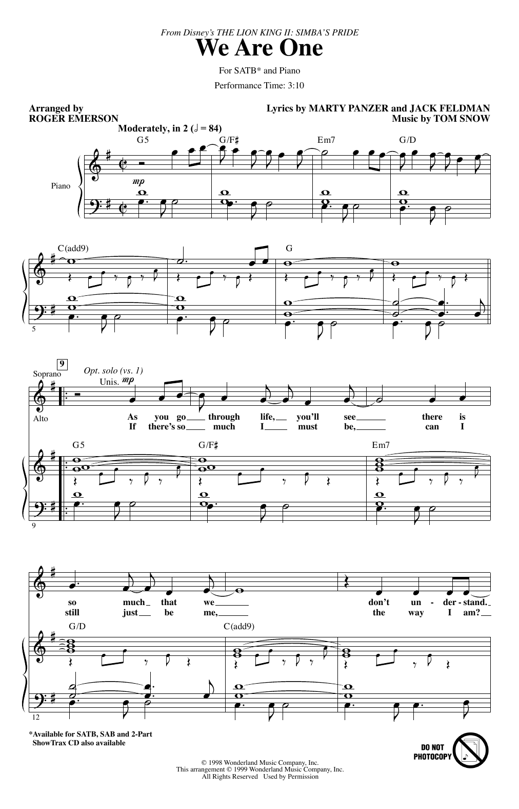 Cam Clarke & Charity Sanoy We Are One (from The Lion King II: Simba's Pride) (arr. Roger Emerson) sheet music notes and chords arranged for SAB Choir