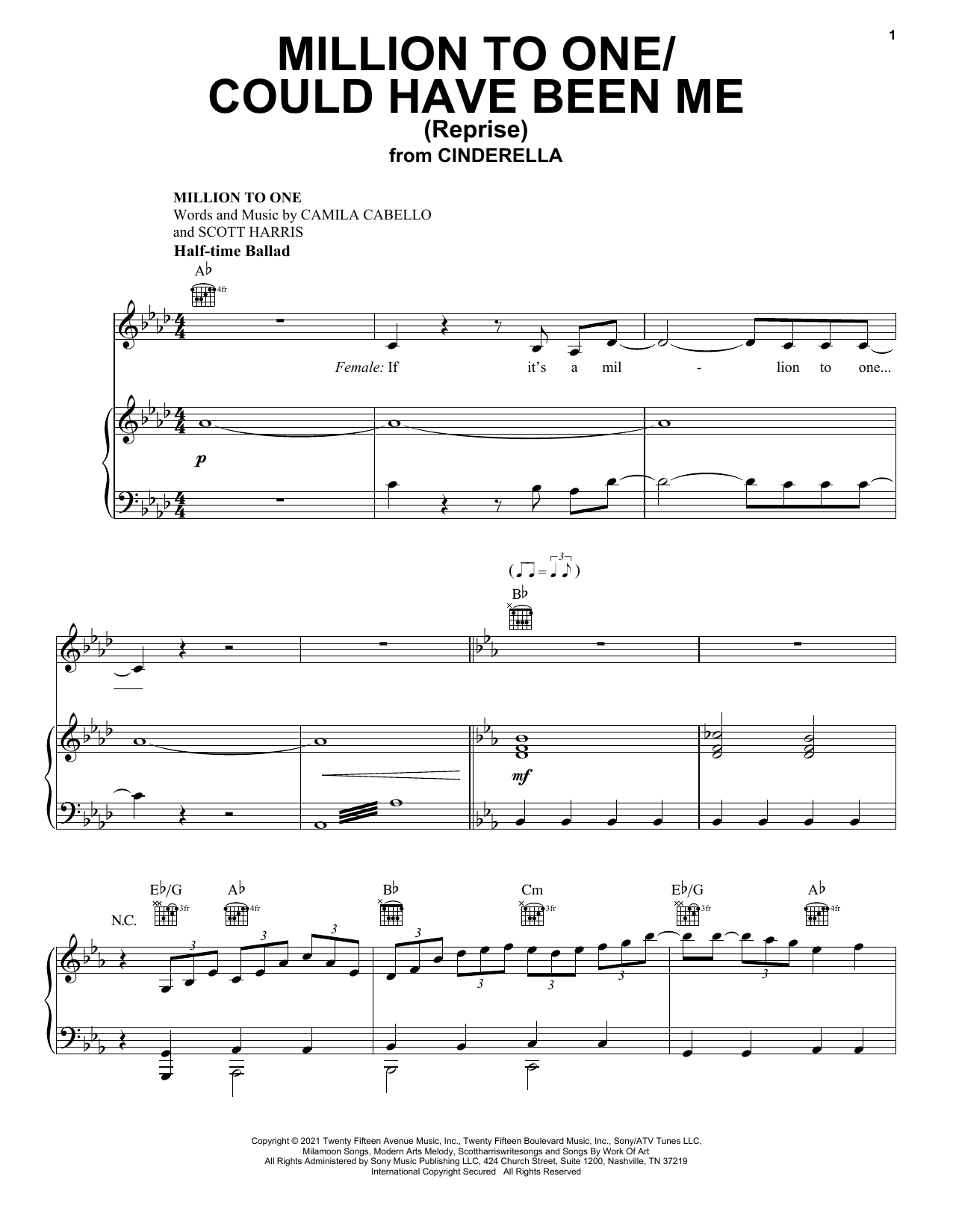 Camila Cabello and Nicholas Galitzine Million To One / Could Have Been Me (Reprise) (from the Amazon Original Movie Cinderella) sheet music notes and chords arranged for Piano, Vocal & Guitar Chords (Right-Hand Melody)
