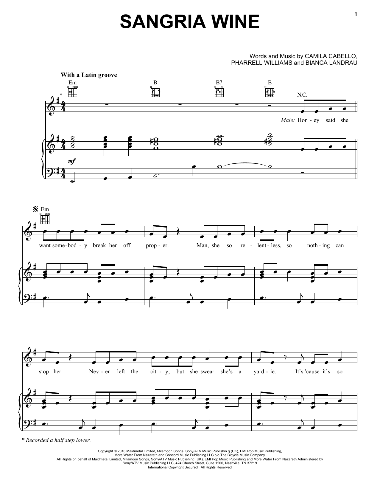 Camila Cabello and Pharrell Williams Sangria Wine sheet music notes and chords arranged for Piano, Vocal & Guitar Chords (Right-Hand Melody)