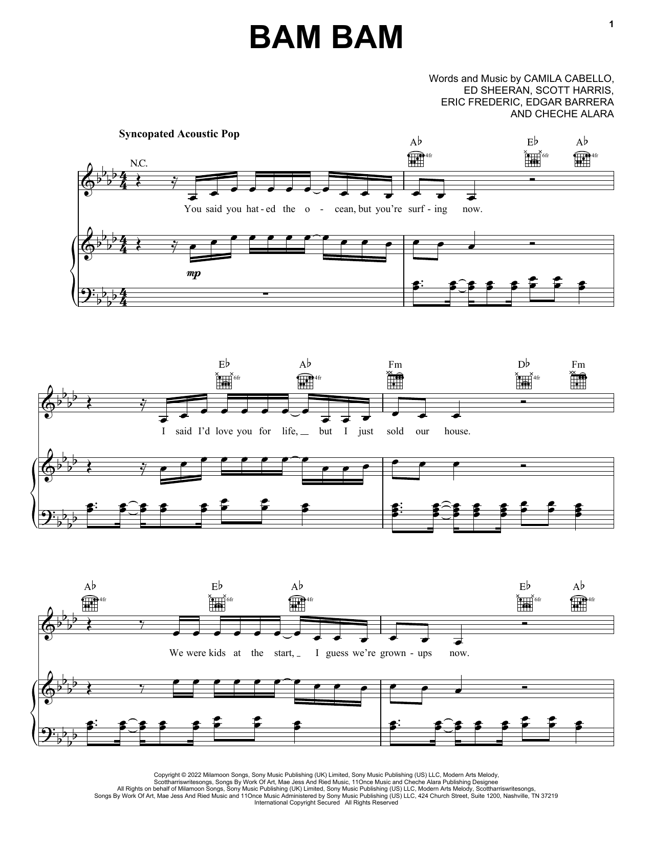 Camila Cabello Bam Bam (feat. Ed Sheeran) sheet music notes and chords arranged for Piano, Vocal & Guitar Chords (Right-Hand Melody)