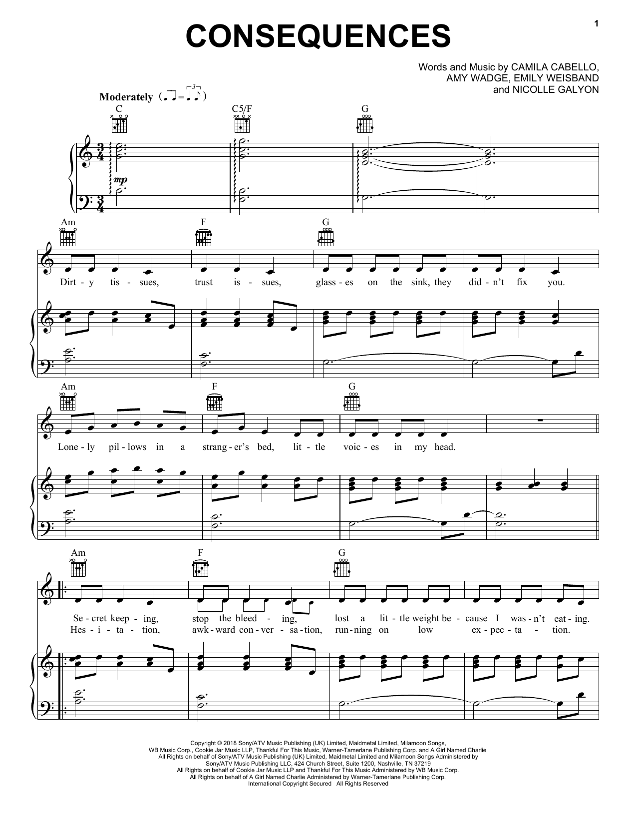 Camila Cabello Consequences sheet music notes and chords arranged for Piano, Vocal & Guitar Chords (Right-Hand Melody)