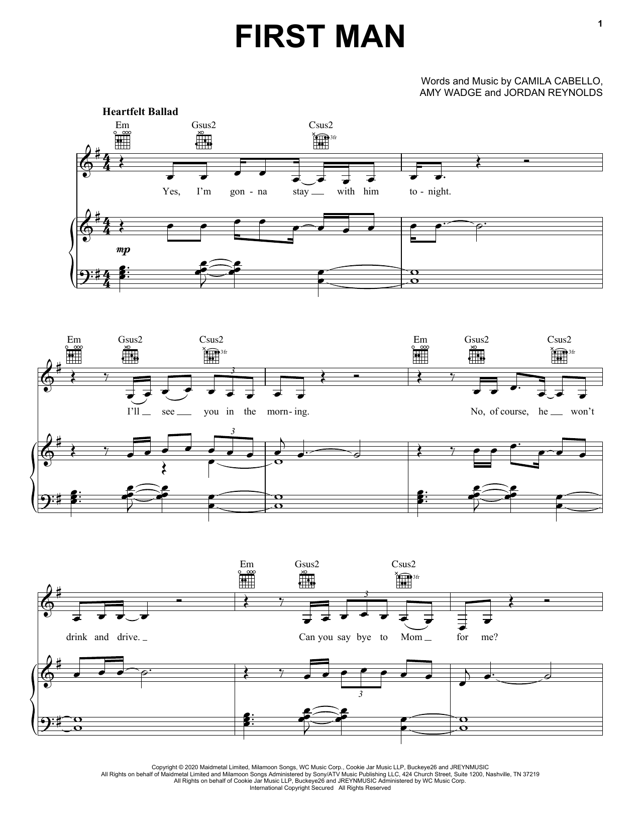 Camila Cabello First Man sheet music notes and chords arranged for Piano, Vocal & Guitar Chords (Right-Hand Melody)
