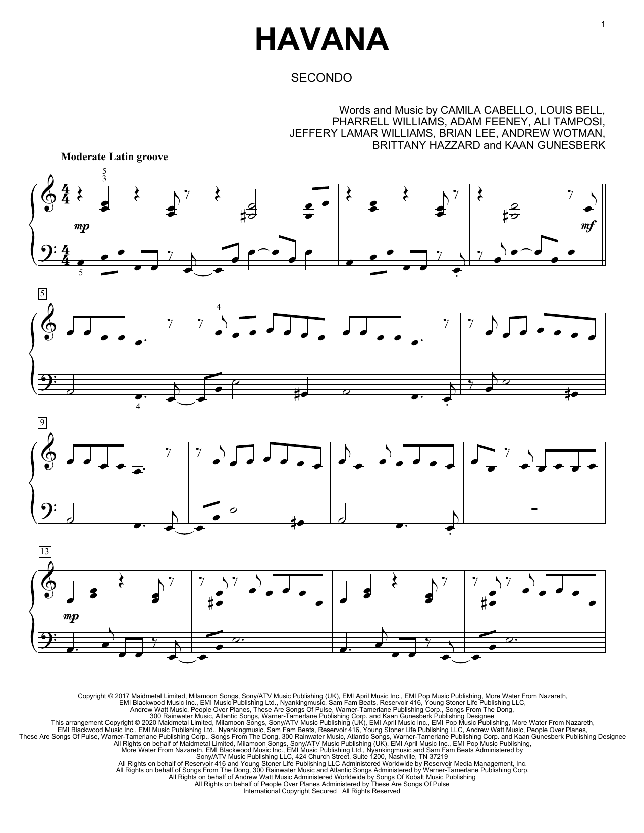 Camila Cabello Havana (feat. Young Thug) (arr. David Pearl) sheet music notes and chords arranged for Piano Duet