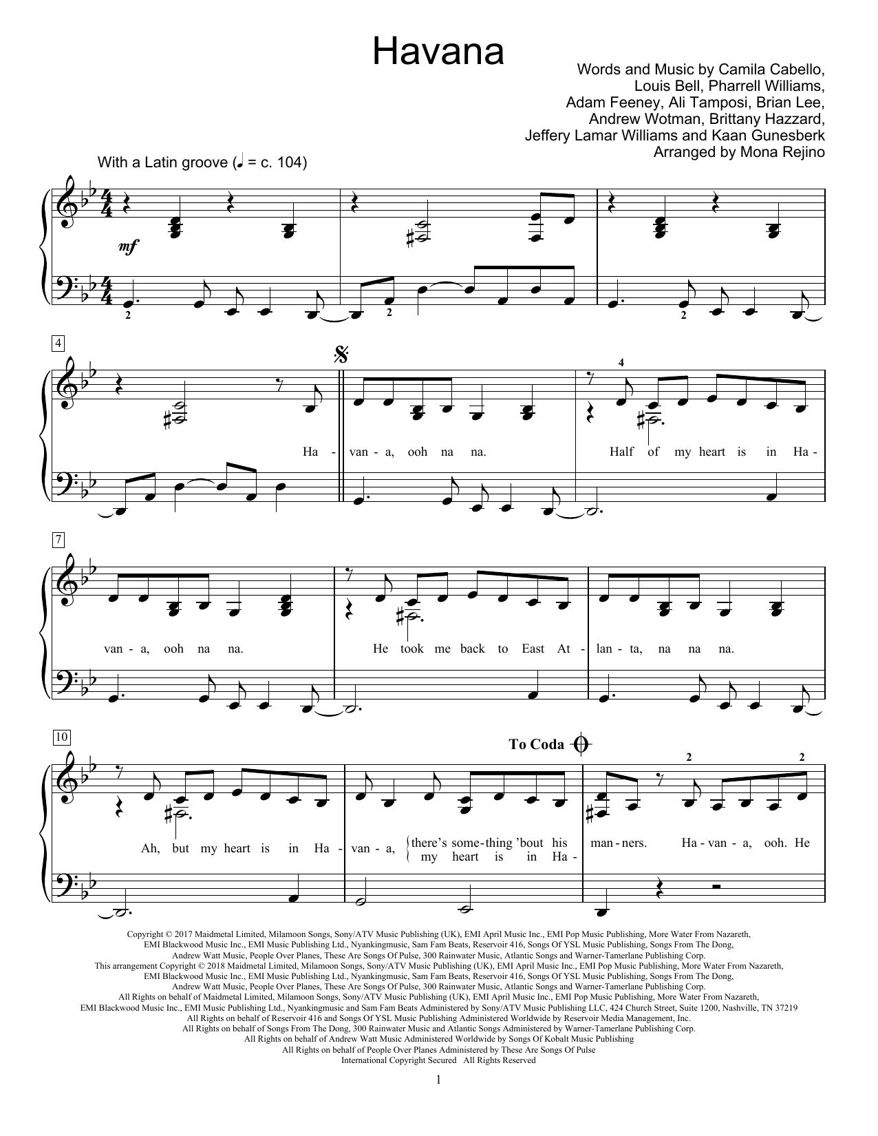 Camila Cabello Havana (feat. Young Thug) (arr. Mona Rejino) sheet music notes and chords arranged for Educational Piano