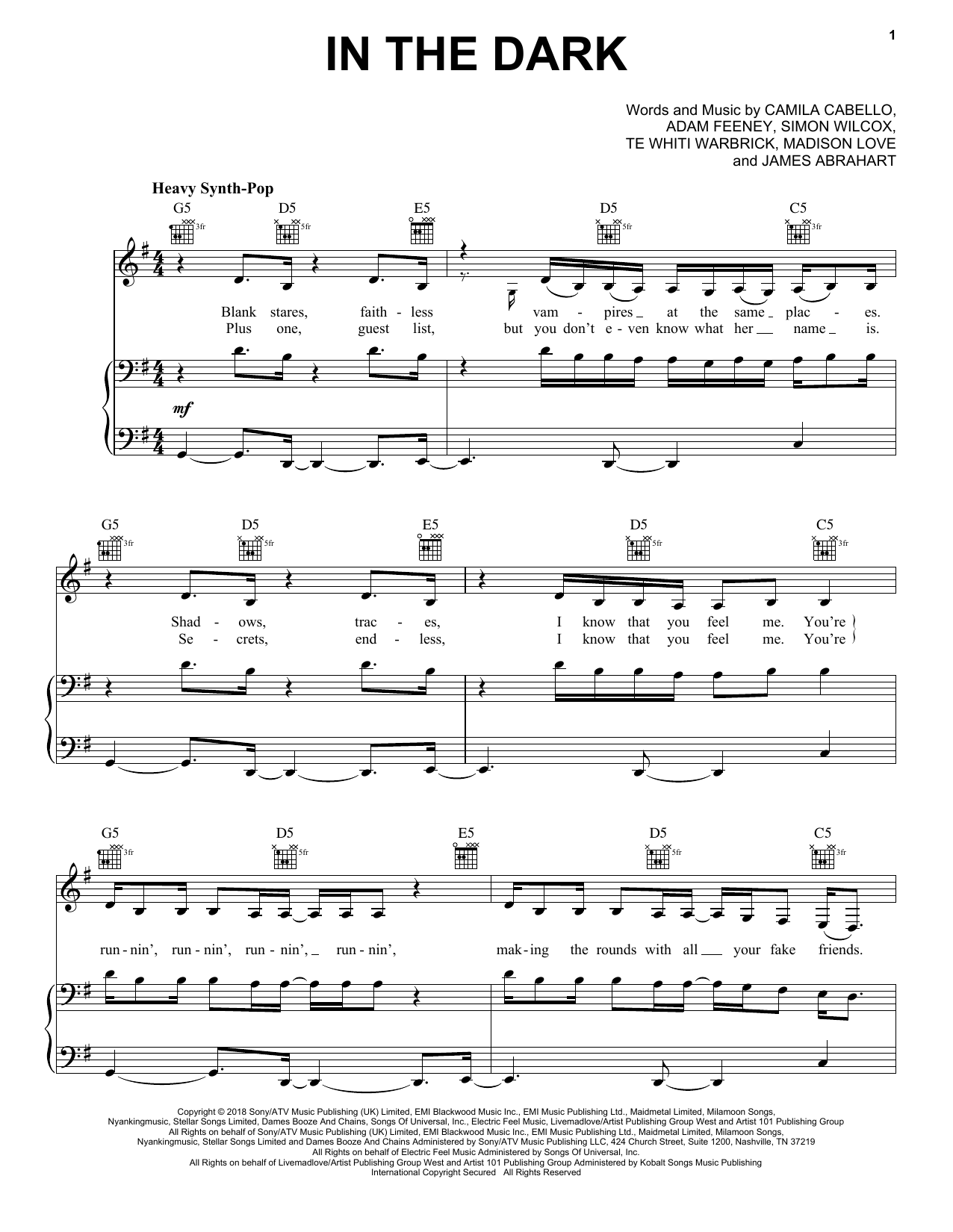 Camila Cabello In The Dark sheet music notes and chords arranged for Piano, Vocal & Guitar Chords (Right-Hand Melody)