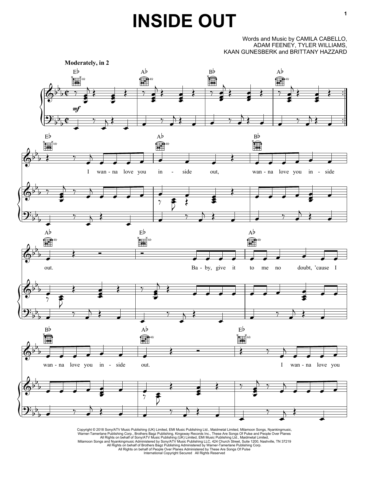 Camila Cabello Inside Out sheet music notes and chords arranged for Piano, Vocal & Guitar Chords (Right-Hand Melody)