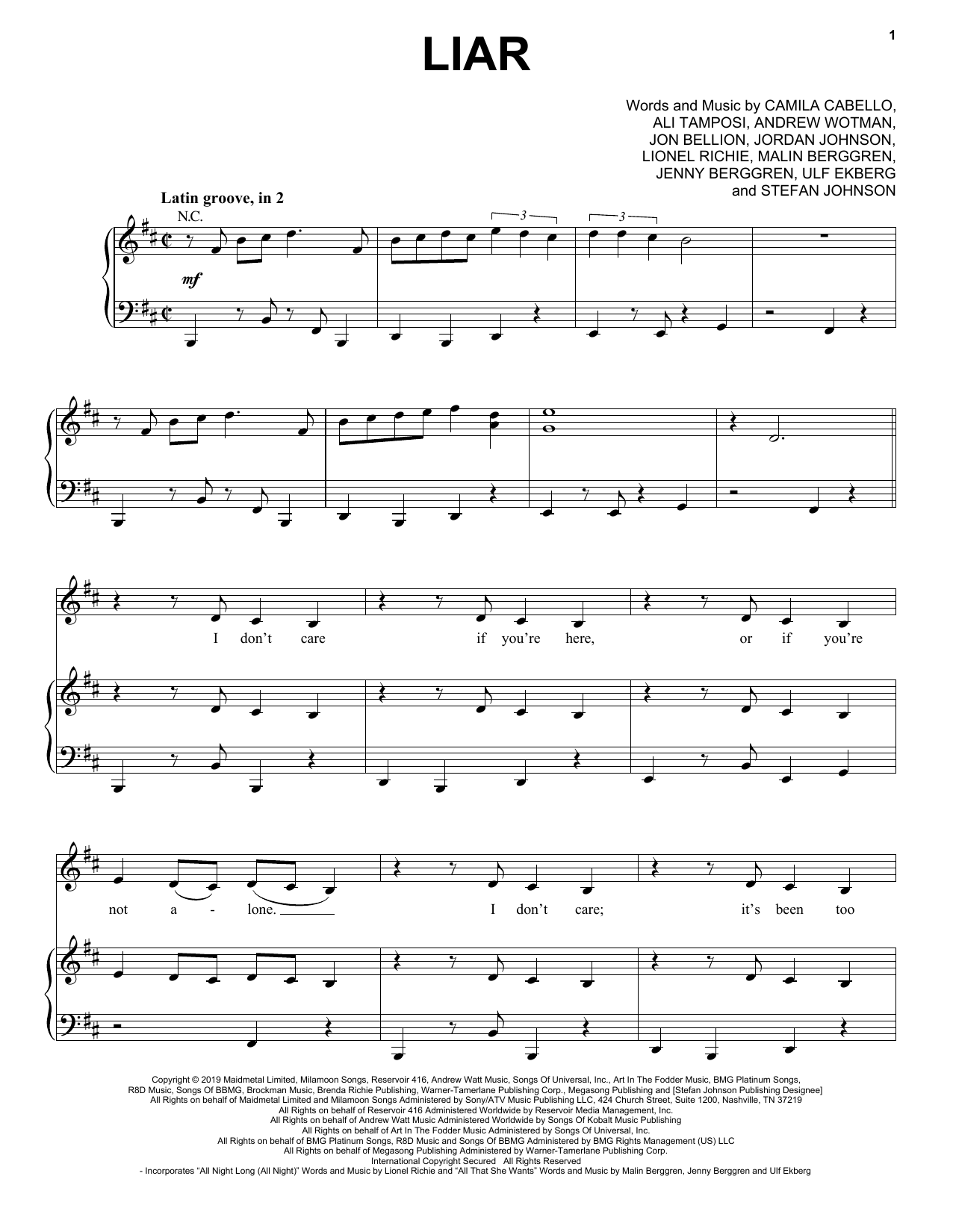 Camila Cabello Liar sheet music notes and chords arranged for Piano, Vocal & Guitar Chords (Right-Hand Melody)