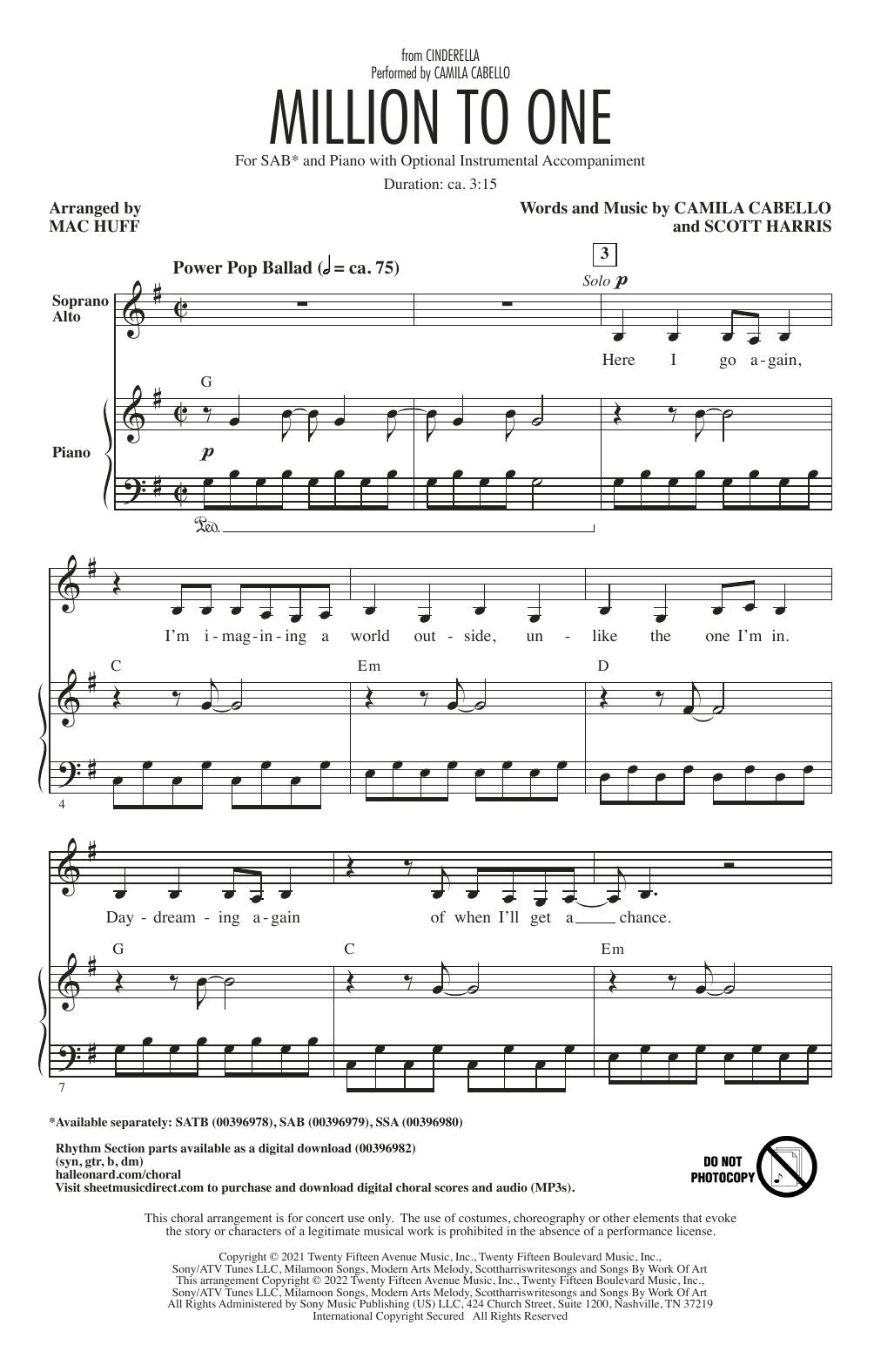 Camila Cabello Million To One (from the Amazon Original Movie Cinderella) (arr. Mac Huff) sheet music notes and chords arranged for SSA Choir