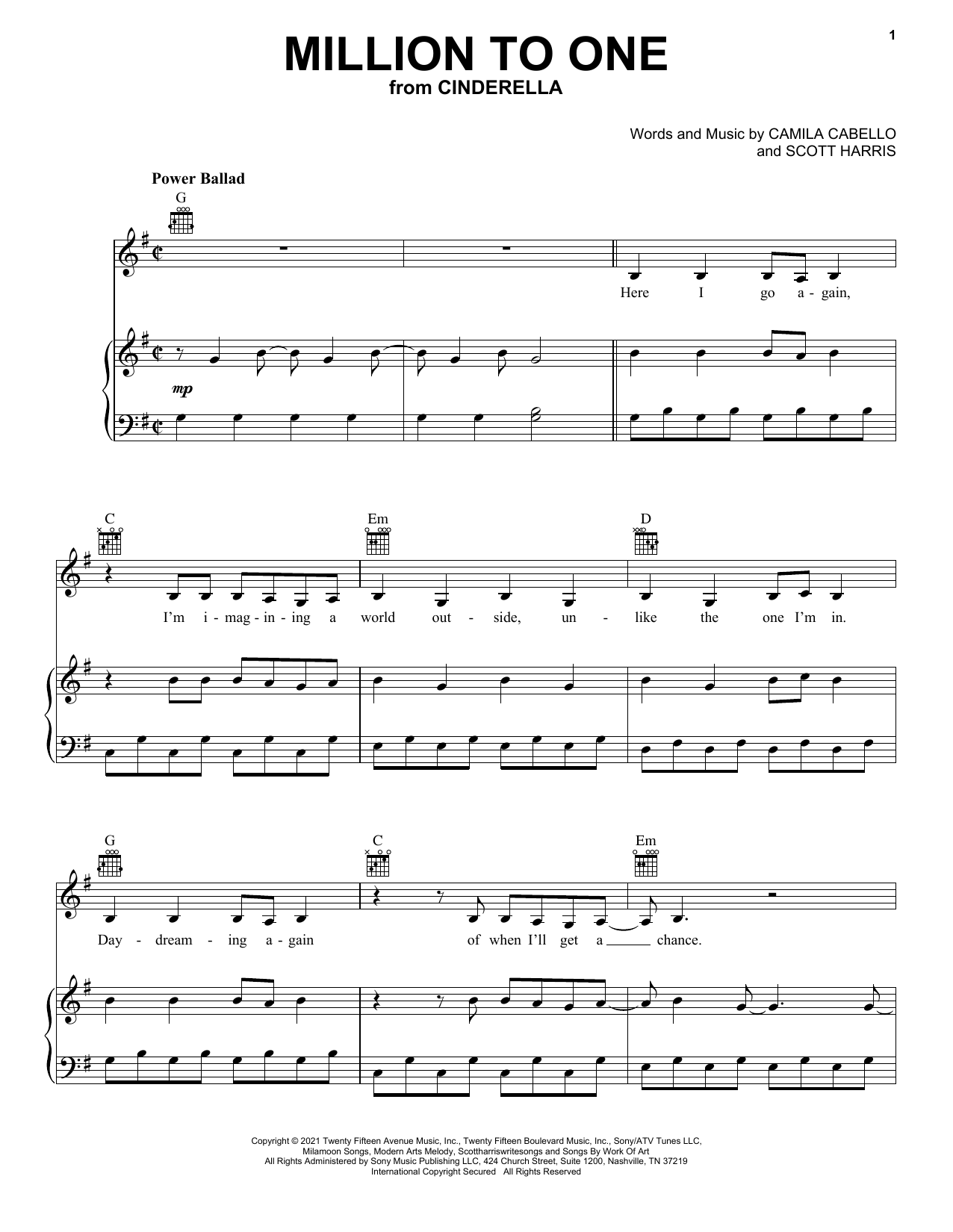 Camila Cabello Million To One (from the Amazon Original Movie Cinderella) sheet music notes and chords arranged for Piano, Vocal & Guitar Chords (Right-Hand Melody)