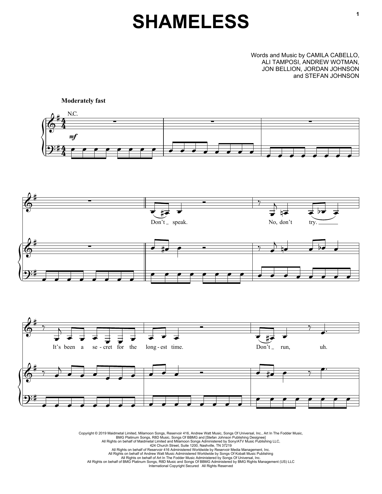 Camila Cabello Shameless sheet music notes and chords arranged for Piano, Vocal & Guitar Chords (Right-Hand Melody)