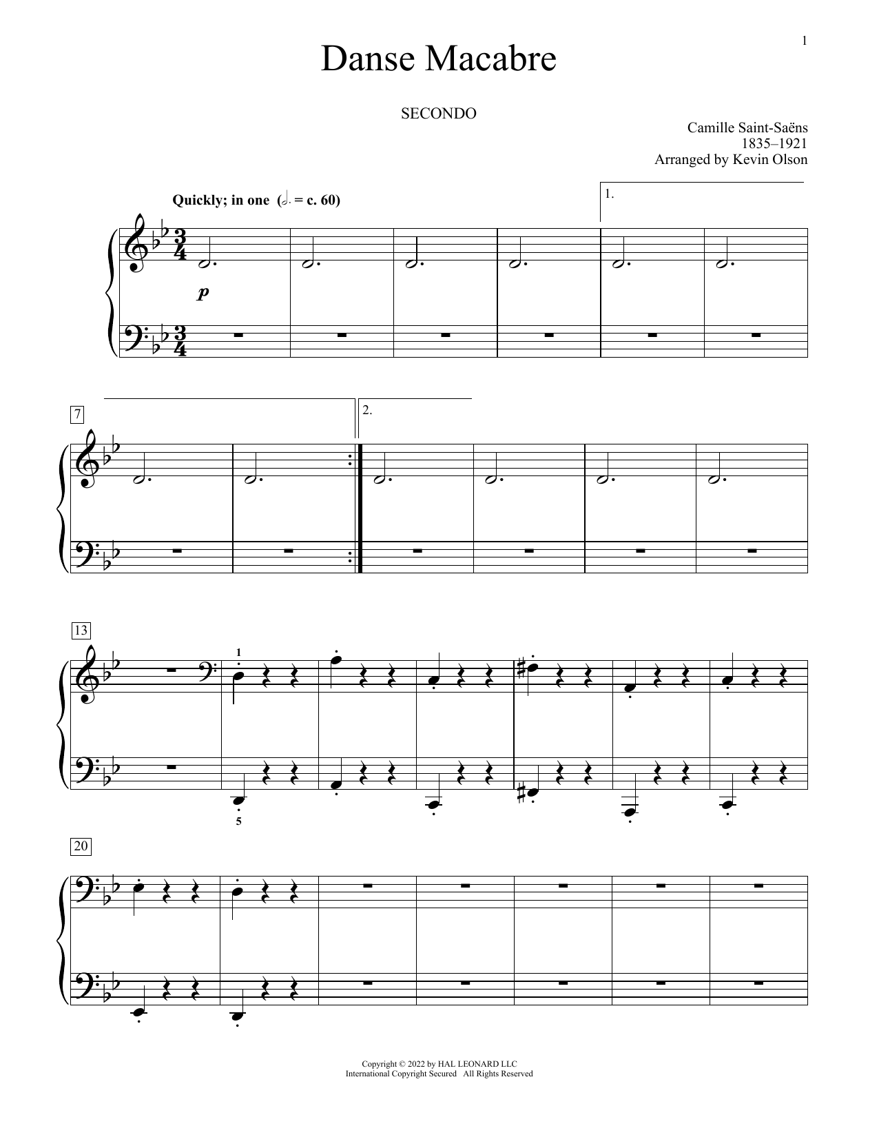Camille Saint-Saens Danse Macabre (arr. Kevin Olson) sheet music notes and chords arranged for Piano Duet